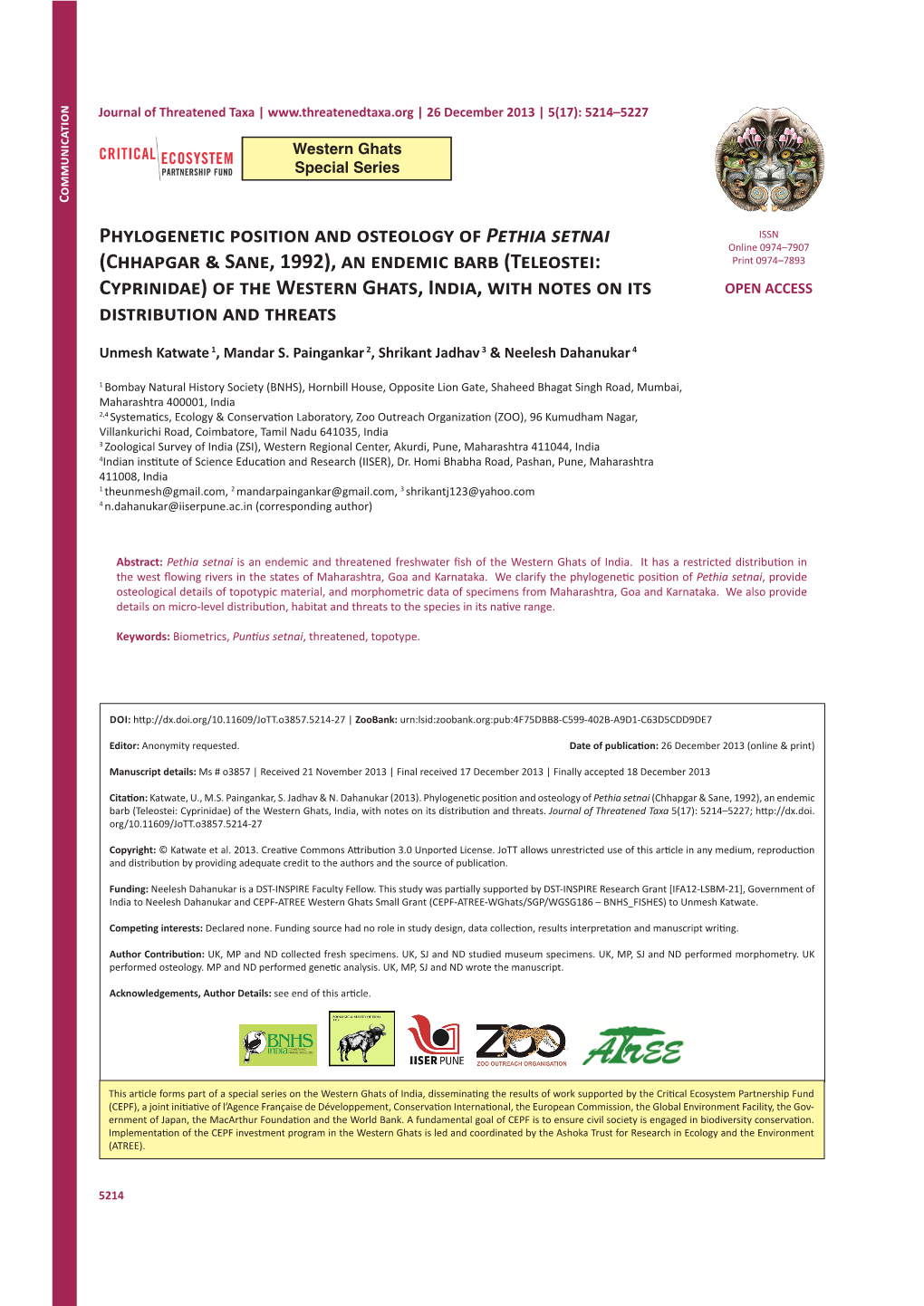 Phylogenetic Position and Osteology of Pethia Setnai (Chhapgar & Sane