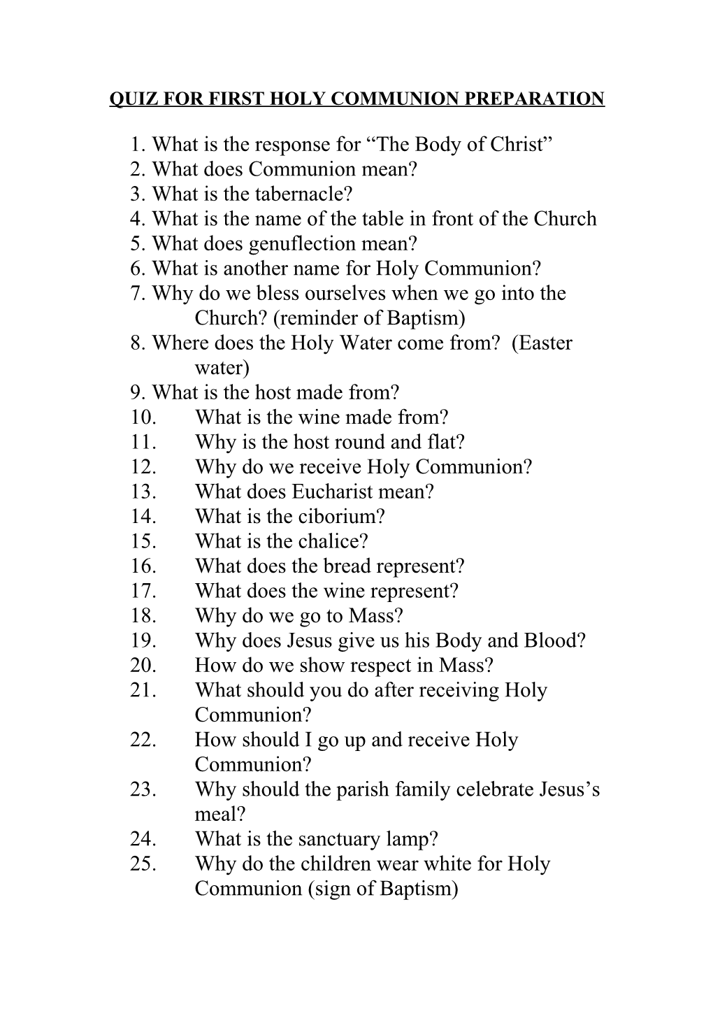 Quiz For First Holy Communion Preparation