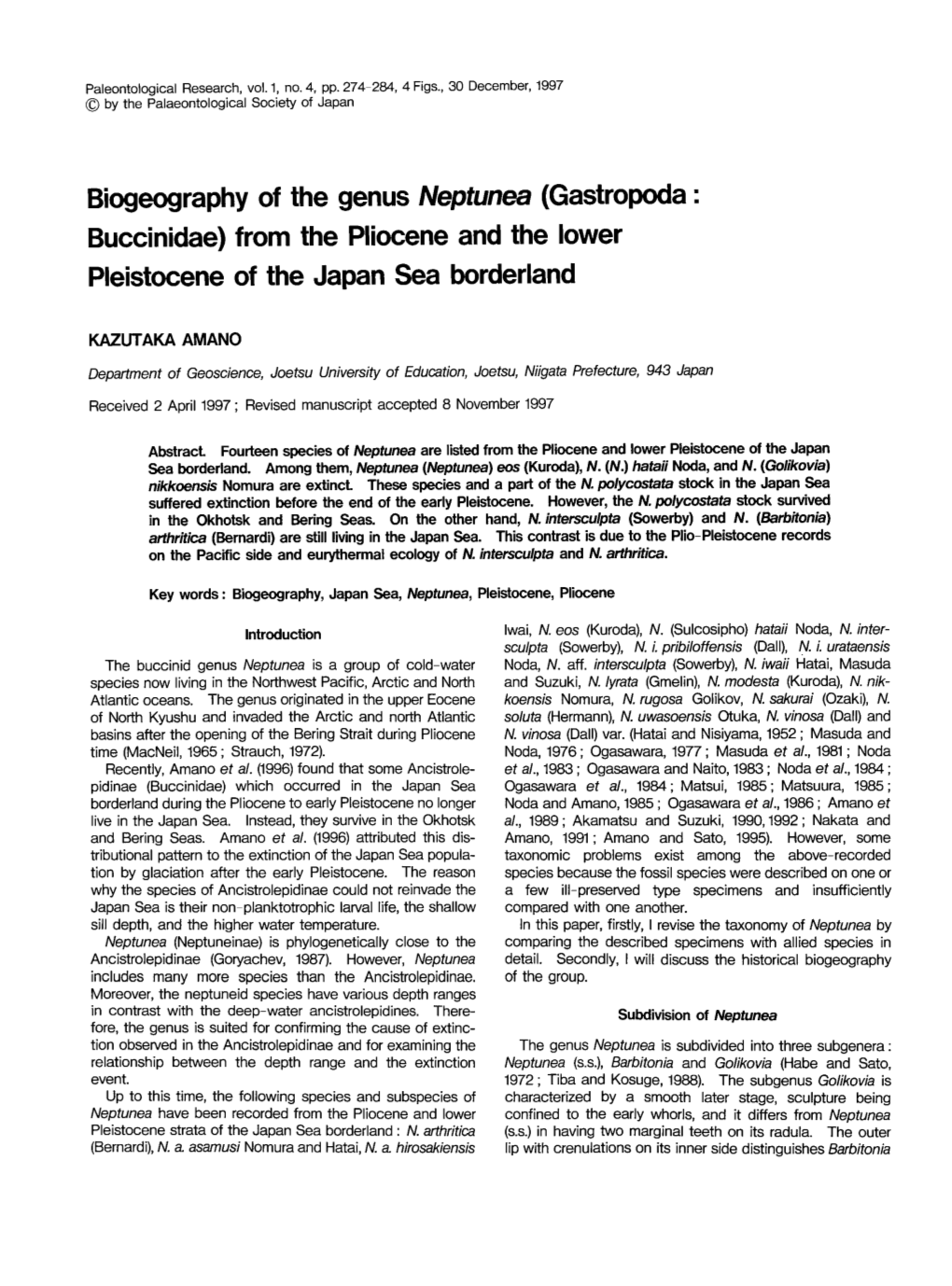 Biogeography of the Genus Neptunea (Gastropoda: Buccinidae) from the Pliocene and the Lower Pleistocene of the Japan Sea Borderland