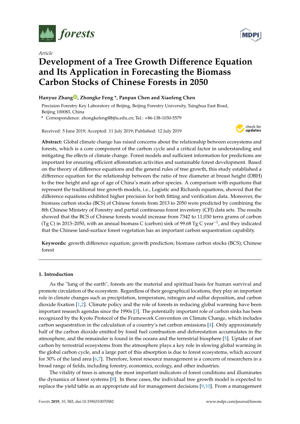 Development of a Tree Growth Difference Equation and Its Application in Forecasting the Biomass Carbon Stocks of Chinese Forests