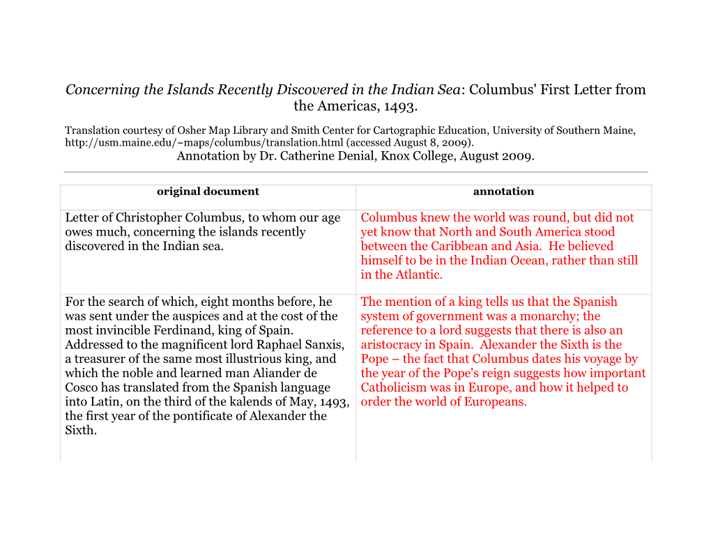 Concerning the Islands Recently Discovered in the Indian Sea: Columbus' First Letter from the Americas, 1493