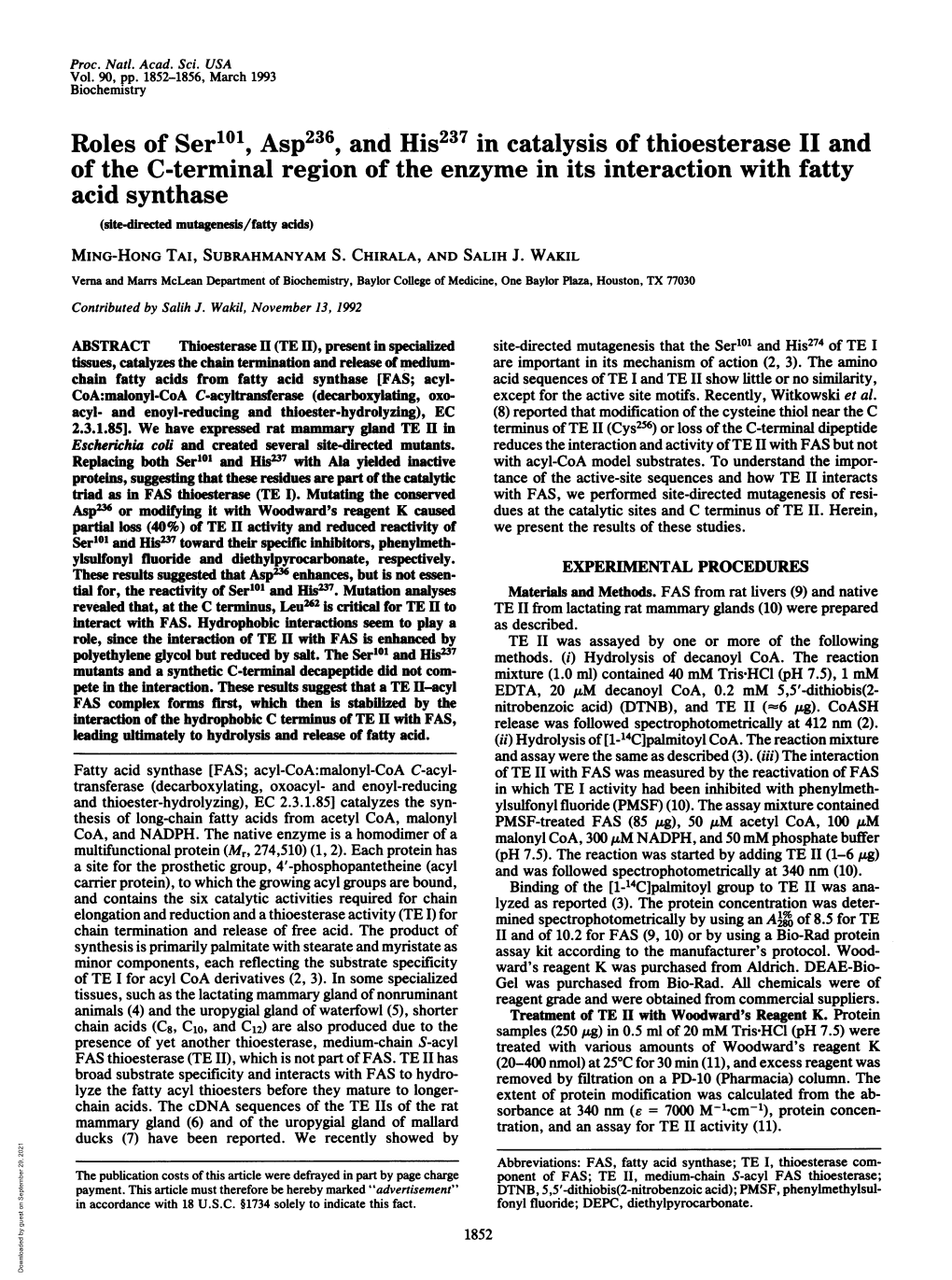 Roles of Ser101, Asp236, and His237 in Catalysis of Thioesterase II And