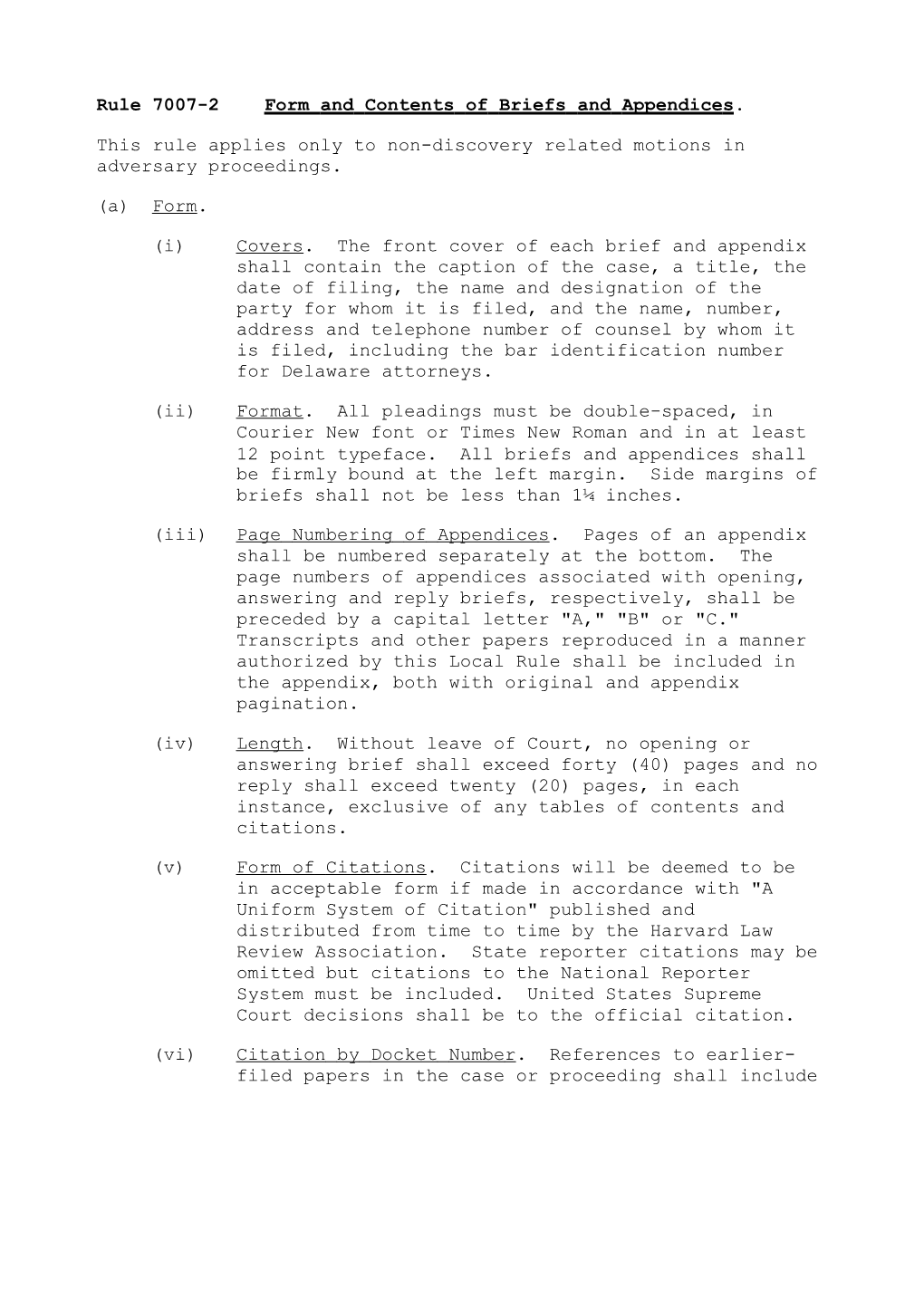 Rule 7007-2 Form and Contents of Briefs and Appendices