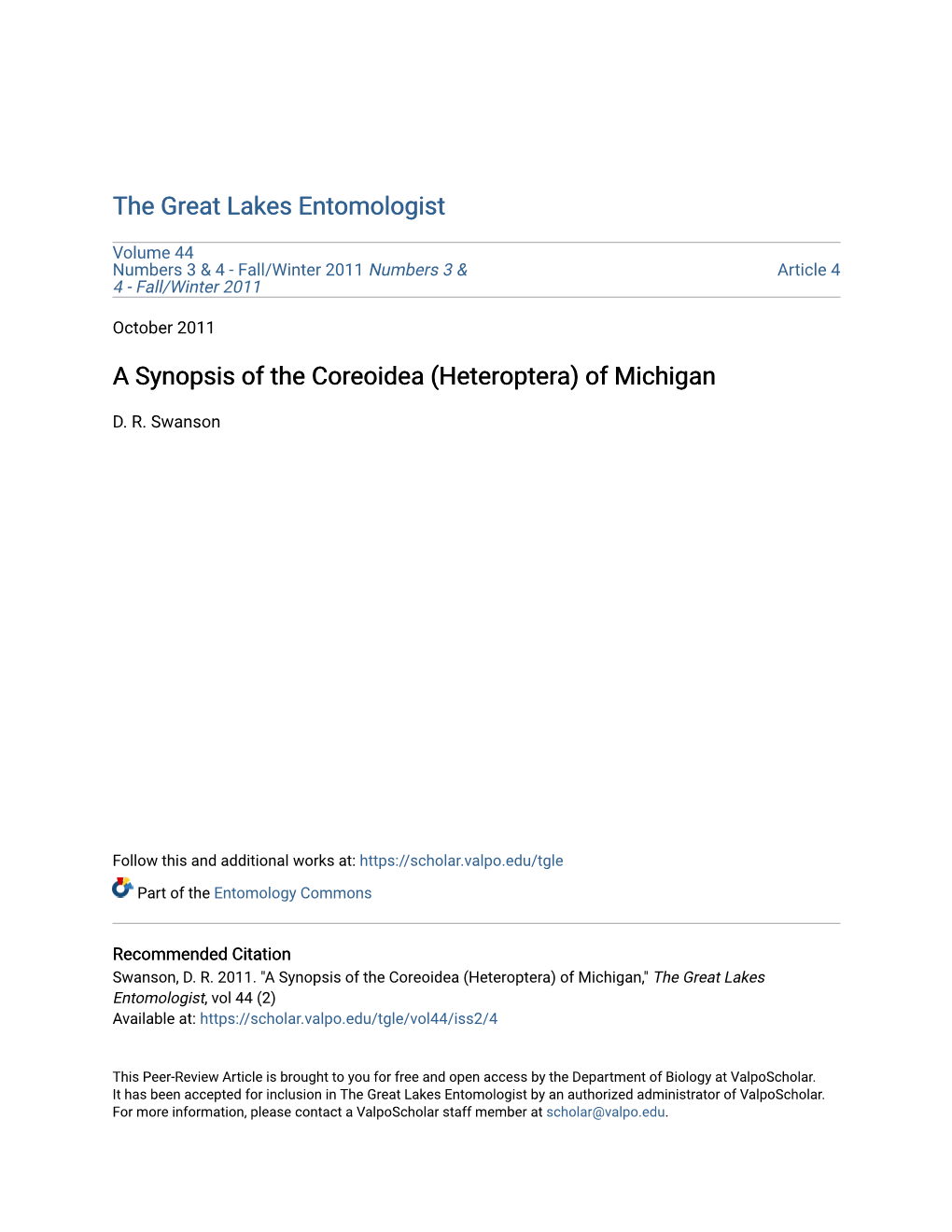 A Synopsis of the Coreoidea (Heteroptera) of Michigan