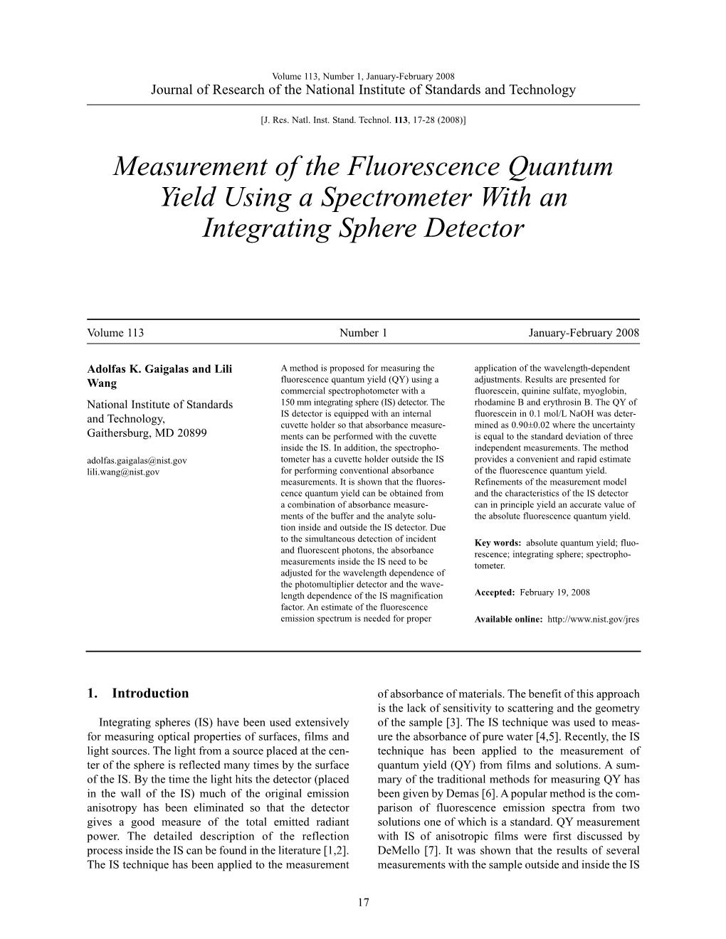 Measurement of the Fluorescence Quantum Yield Using a Spectrometer with an Integrating Sphere Detector