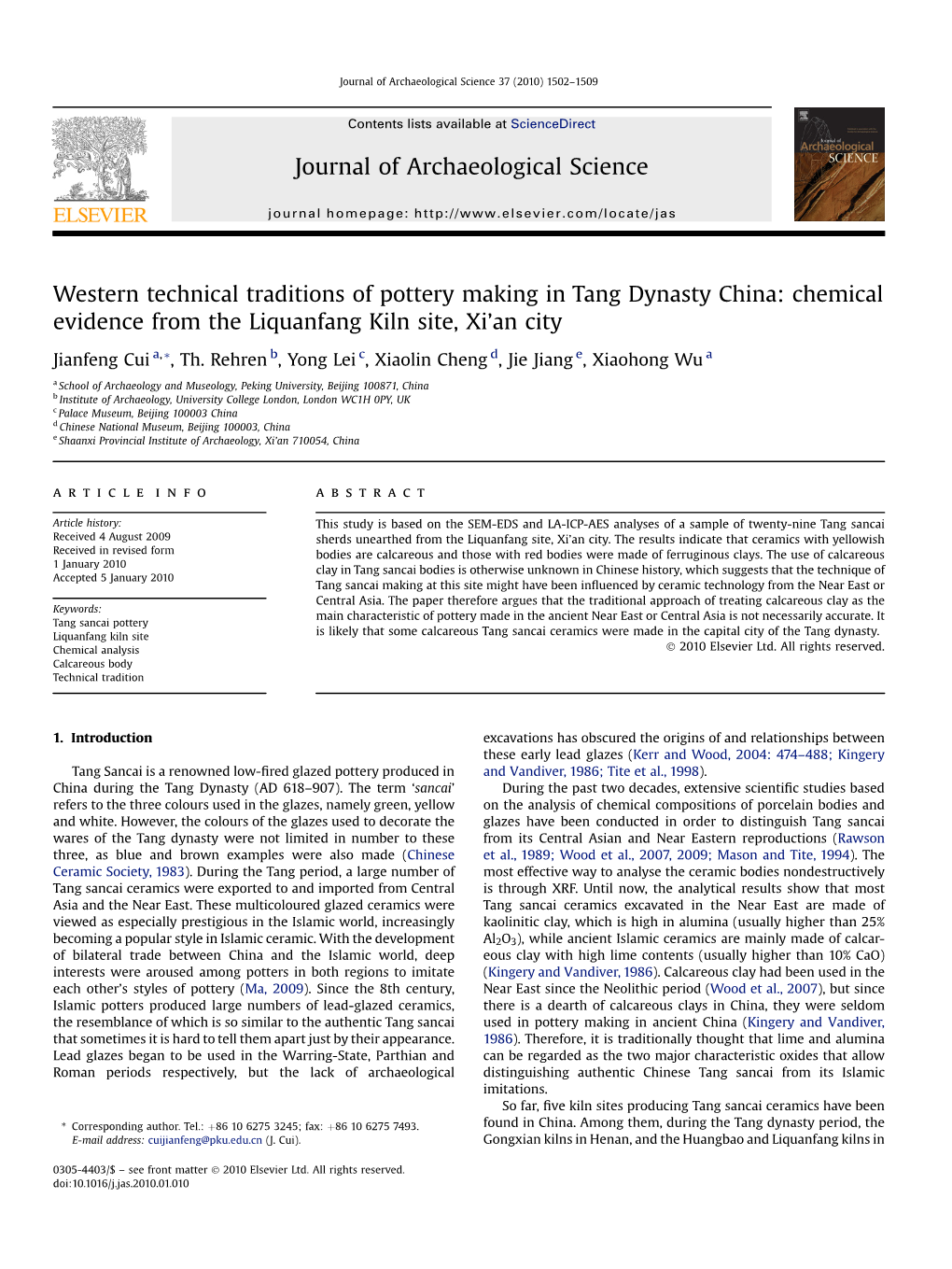 Western Technical Traditions of Pottery Making in Tang Dynasty China: Chemical Evidence from the Liquanfang Kiln Site, Xi’An City