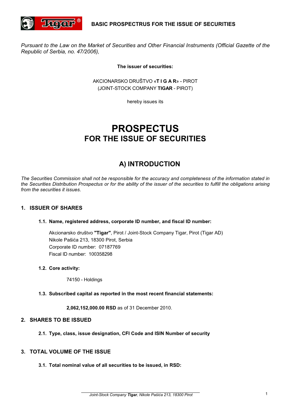 Prospectus for the Issue of Securities