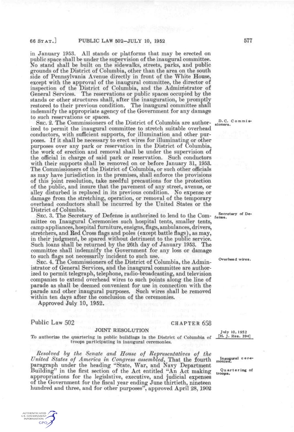 577 in January 1953. All Stands Or Platforms That May Be Erected on Public Space Shall Be Under the Supervision of the Inaugural Committee