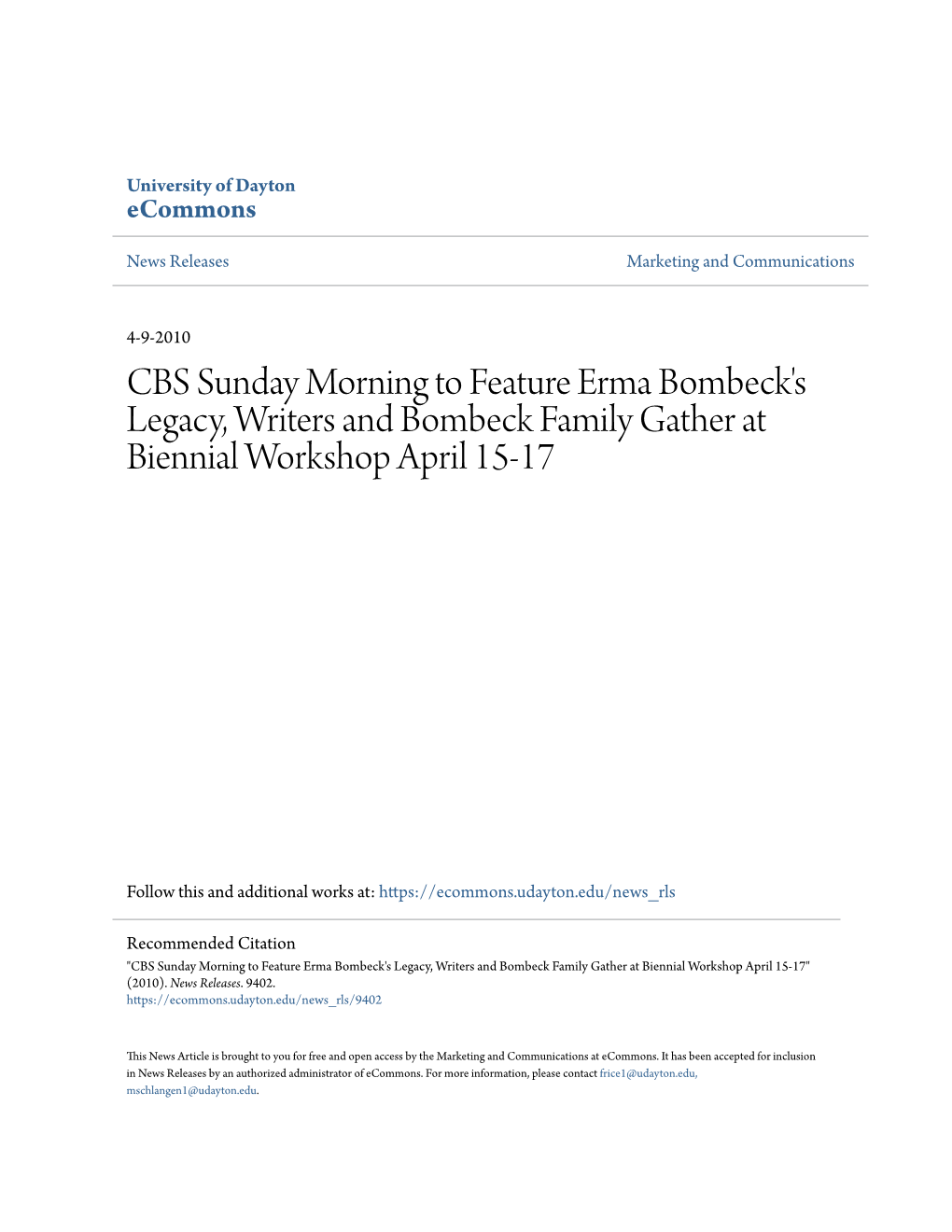 CBS Sunday Morning to Feature Erma Bombeck's Legacy, Writers and Bombeck Family Gather at Biennial Workshop April 15-17