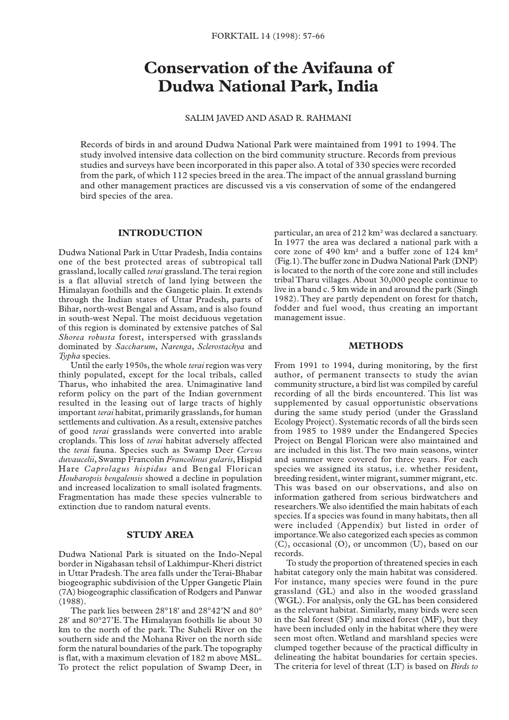 Conservation of the Avifauna of Dudwa National Park, India