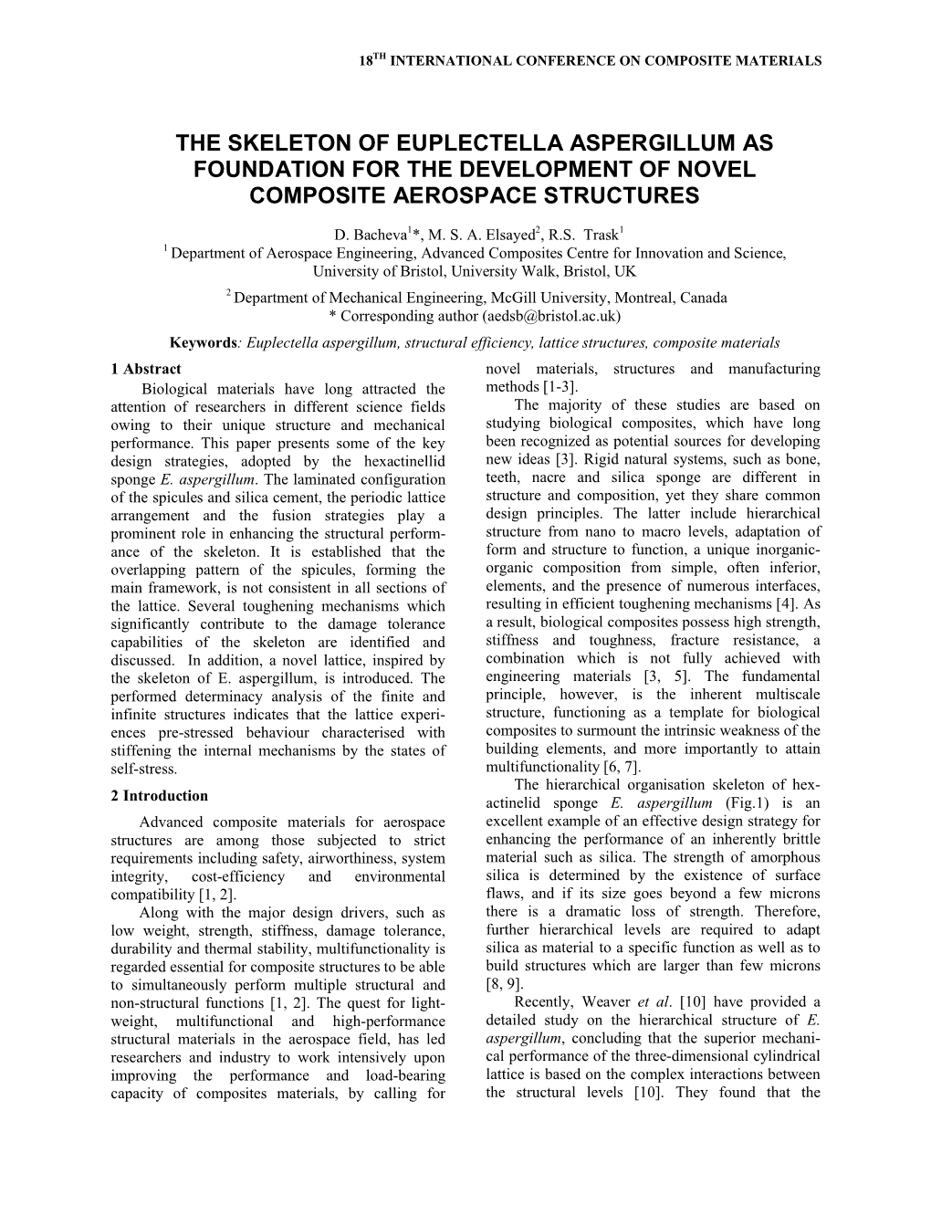 The Skeleton of Euplectella Aspergillum As Foundation for the Development of Novel Composite Aerospace Structures