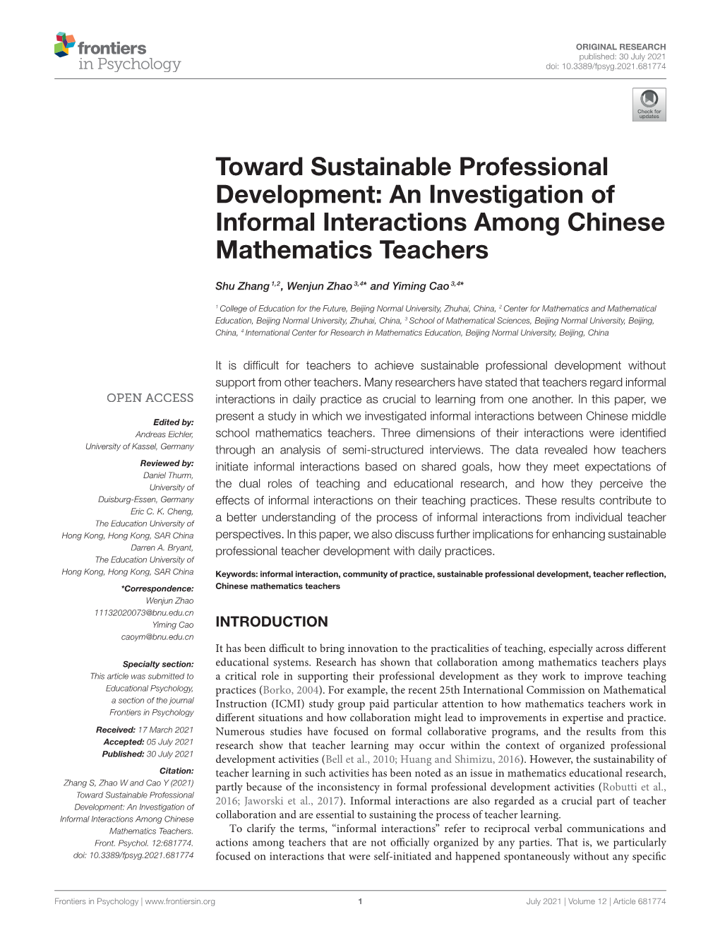 An Investigation of Informal Interactions Among Chinese Mathematics Teachers