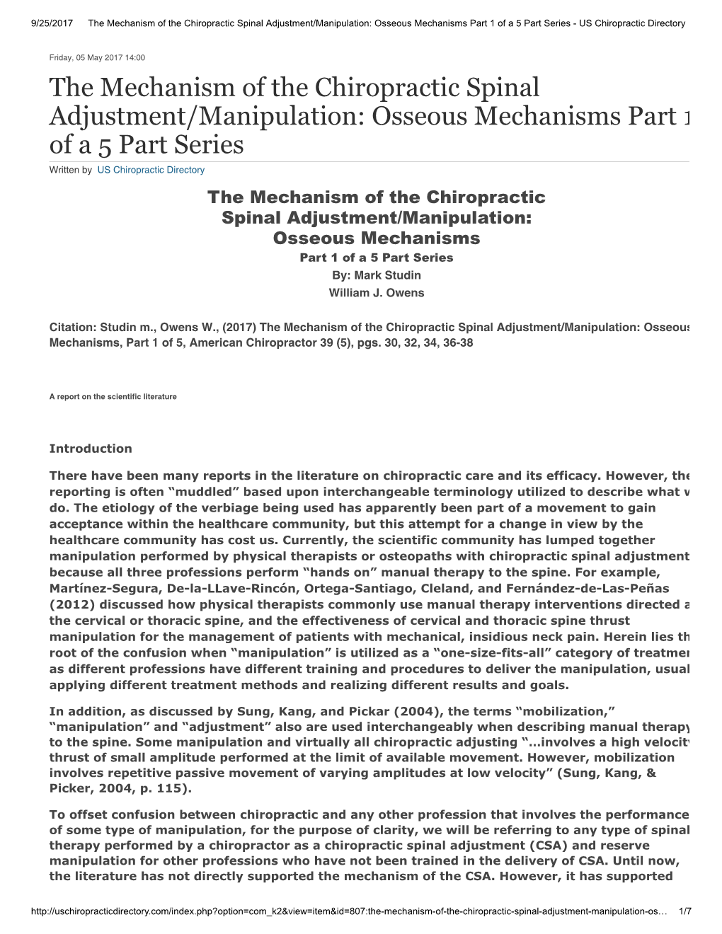 The Mechanism of the Chiropractic Spinal Adjustment/Manipulation: Osseous Mechanisms Part 1 of a 5 Part Series - US Chiropractic Directory