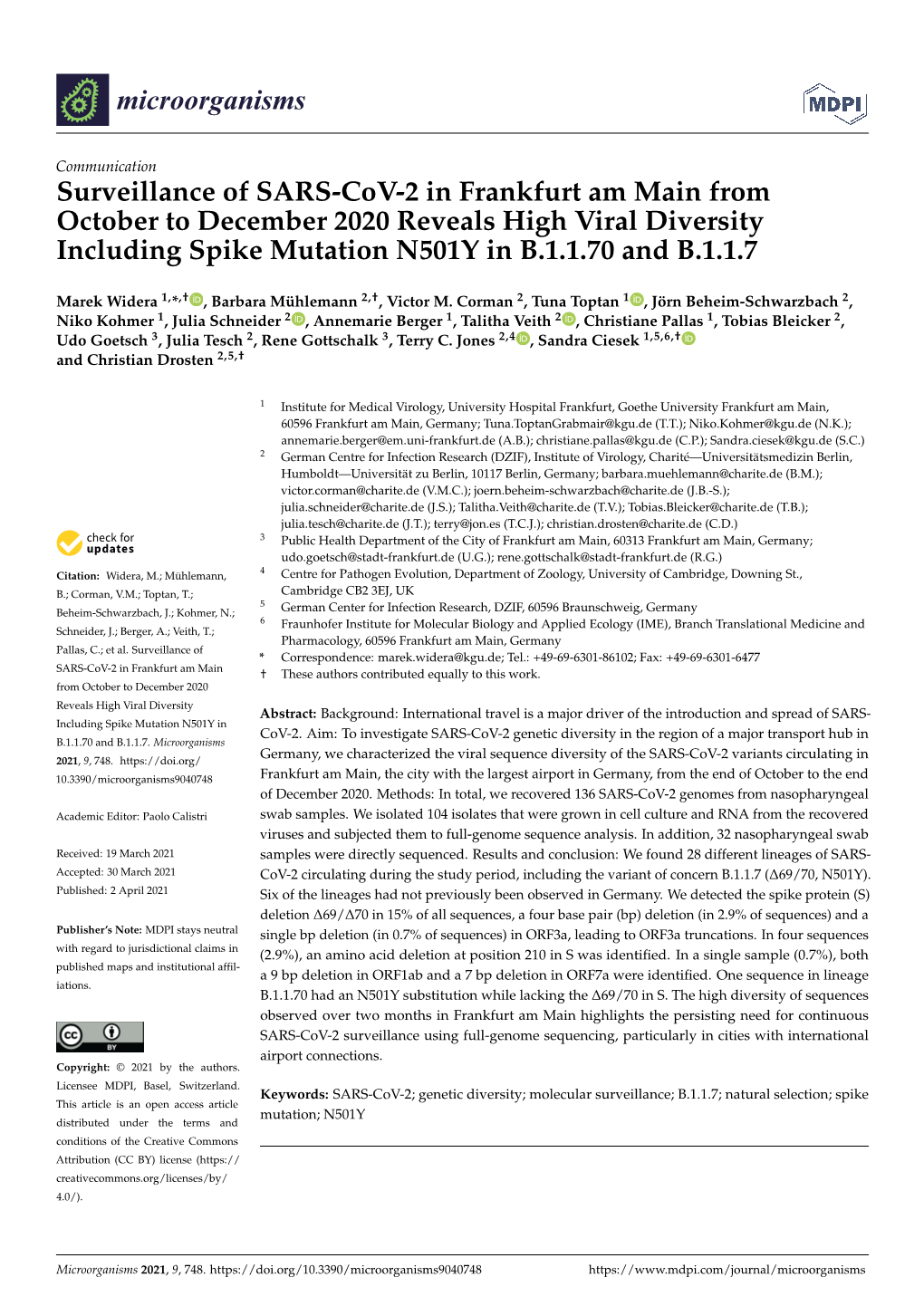 Surveillance of SARS-Cov-2 in Frankfurt Am Main from October to December 2020 Reveals High Viral Diversity Including Spike Mutation N501Y in B.1.1.70 and B.1.1.7