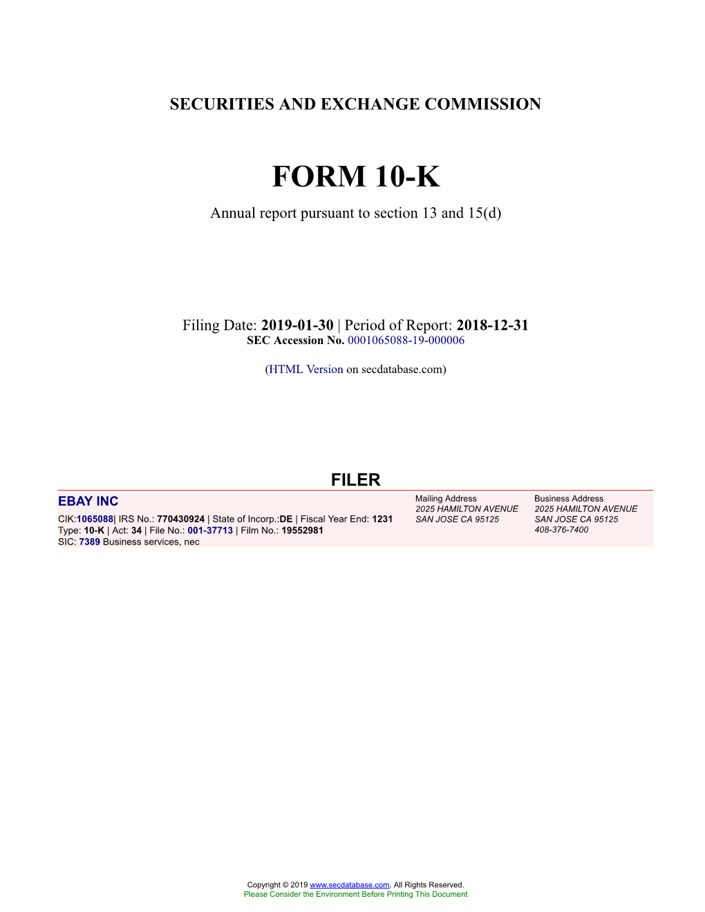 EBAY INC Form 10-K Annual Report Filed 2019-01-30