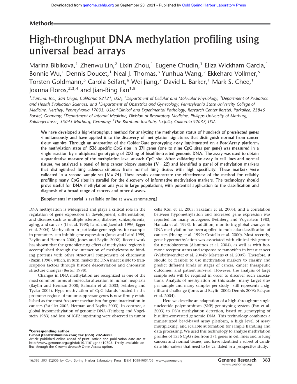 High-Throughput DNA Methylation Profiling Using Universal Bead Arrays