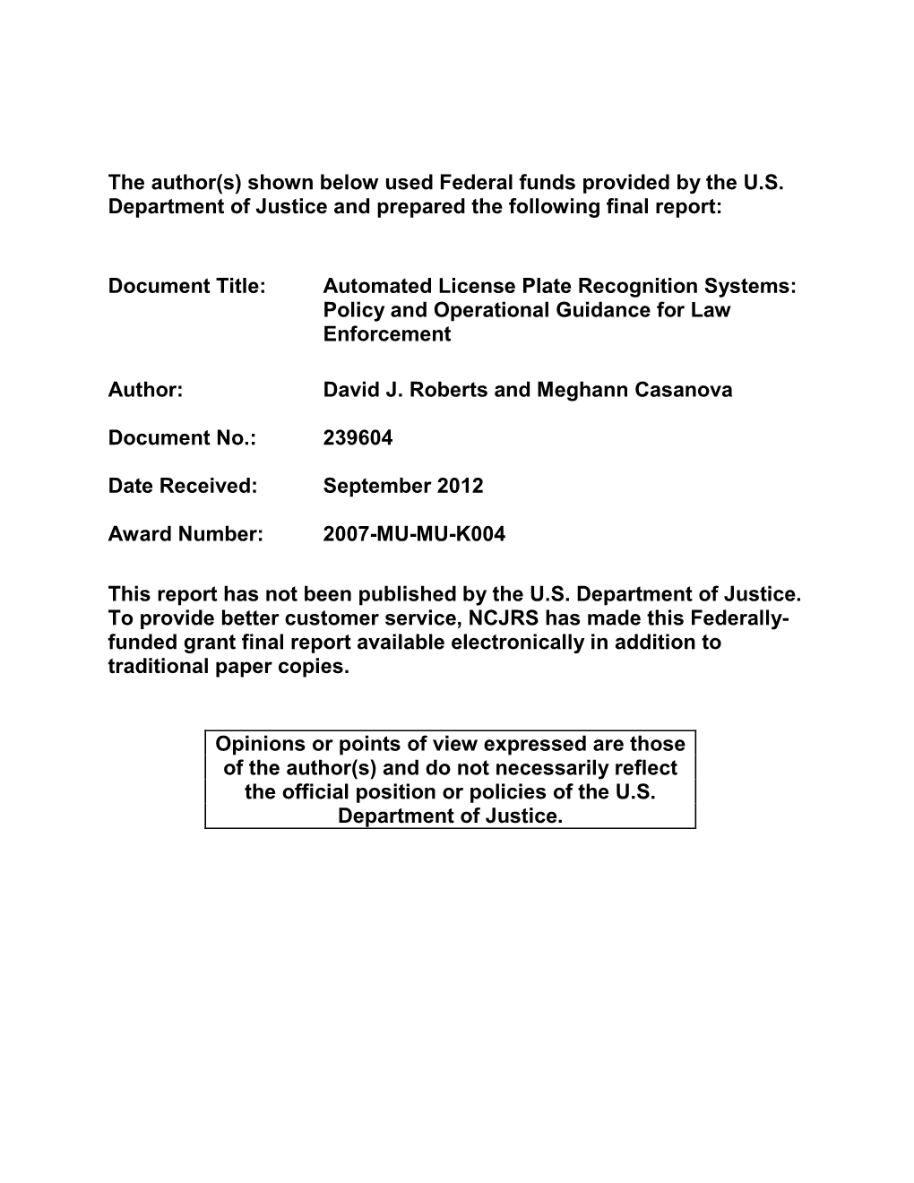 Automated License Plate Reader Systems: Policy and Operational