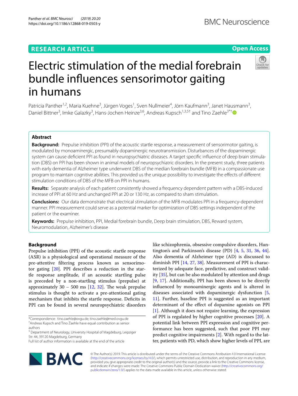 Electric Stimulation of the Medial Forebrain Bundle Influences