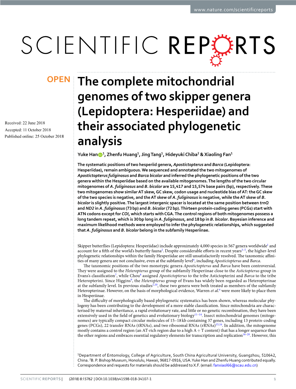 The Complete Mitochondrial Genomes of Two Skipper Genera (Lepidoptera