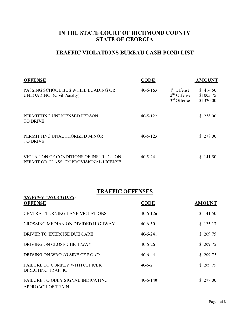 In the State Court of Richmond County State of Georgia Traffic Violations Bureau Cash Bond List