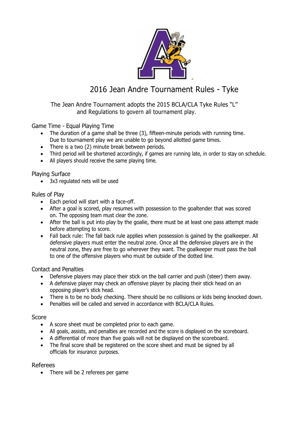 2015 Jean Andre Tournament Rules - Tyke