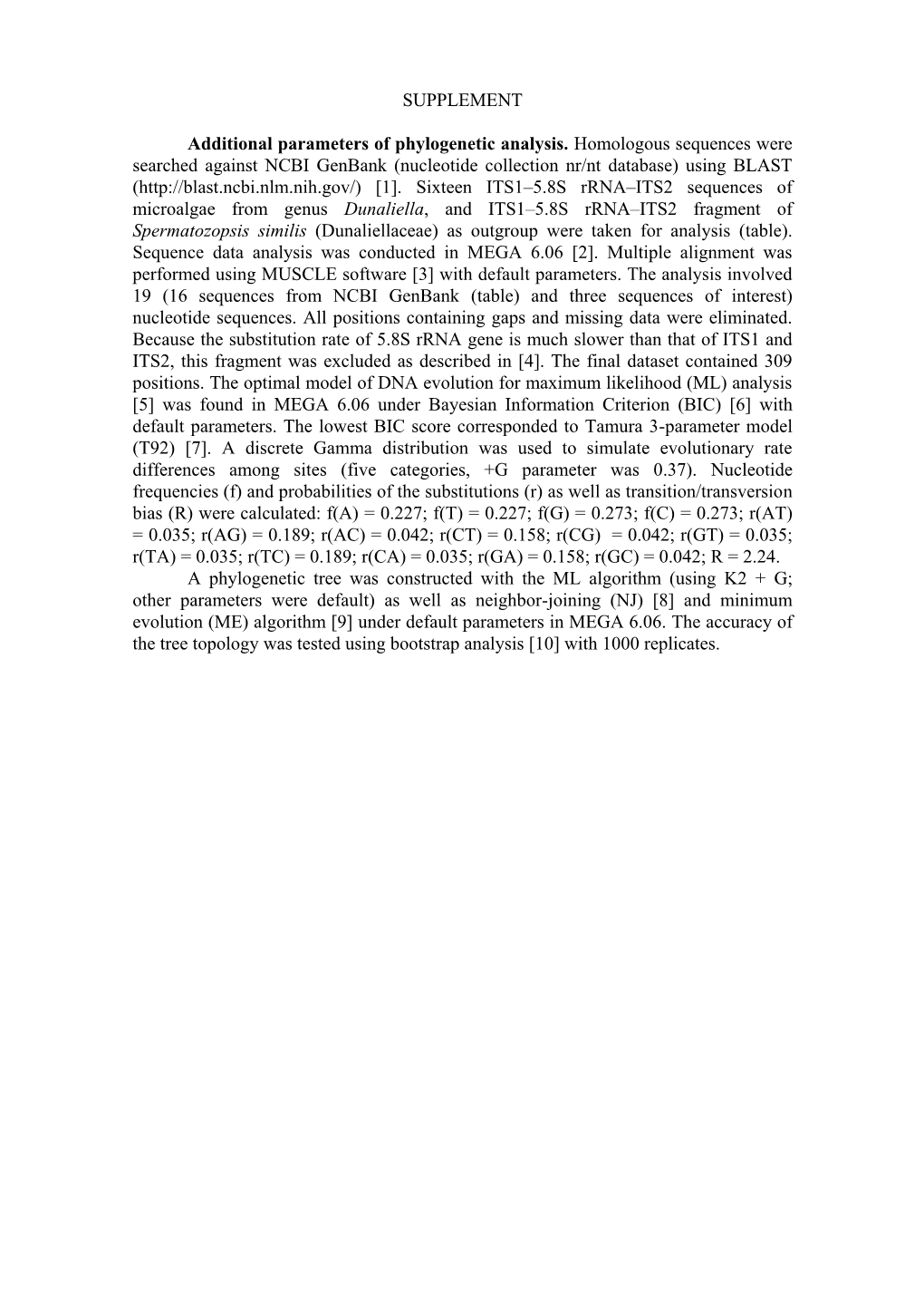 SUPPLEMENT Additional Parameters of Phylogenetic