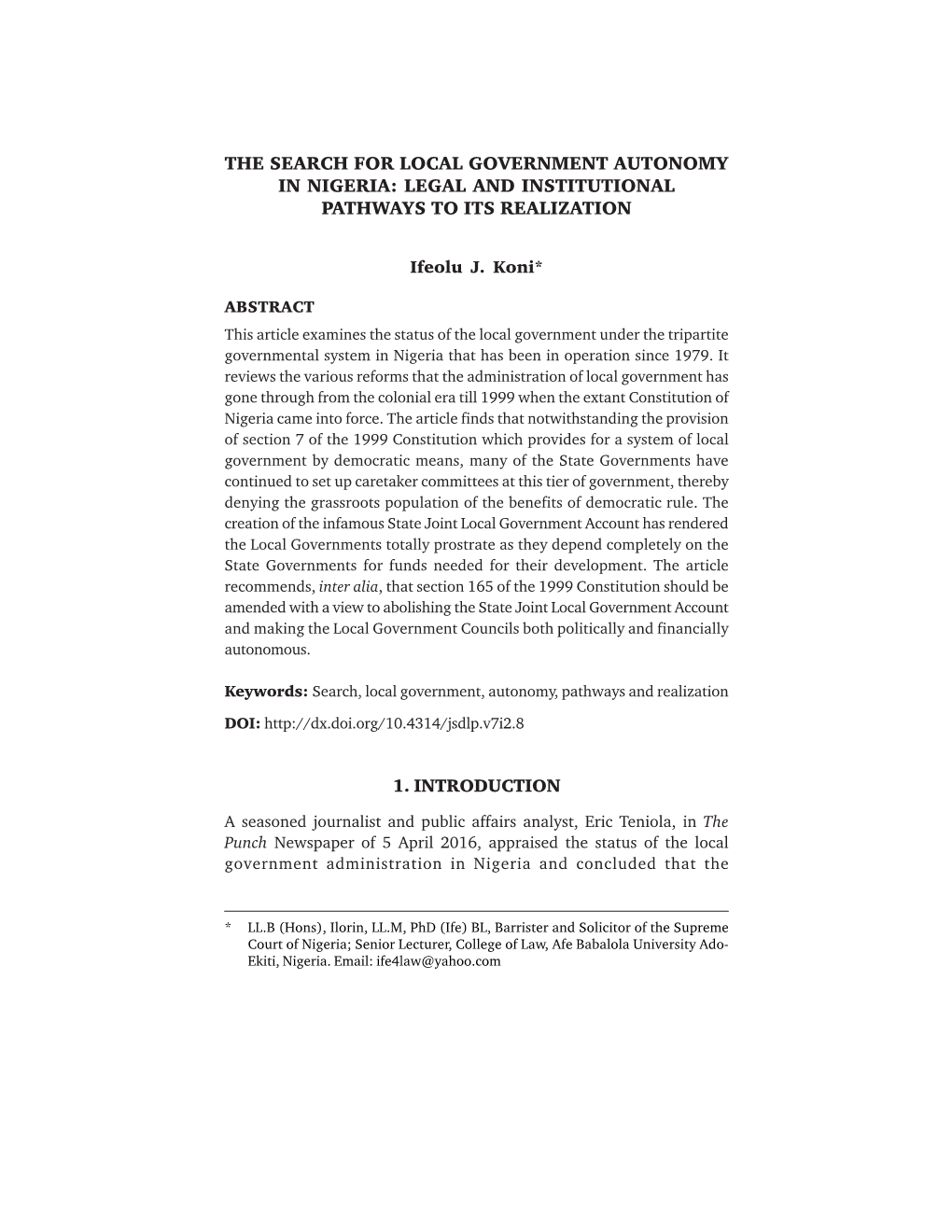 The Search for Local Government Autonomy in Nigeria: Legal and Institutional Pathways to Its Realization