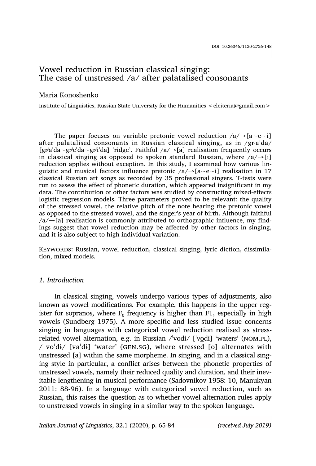 Vowel Reduction in Russian Classical Singing: the Case of Unstressed /A/ After Palatalised Consonants