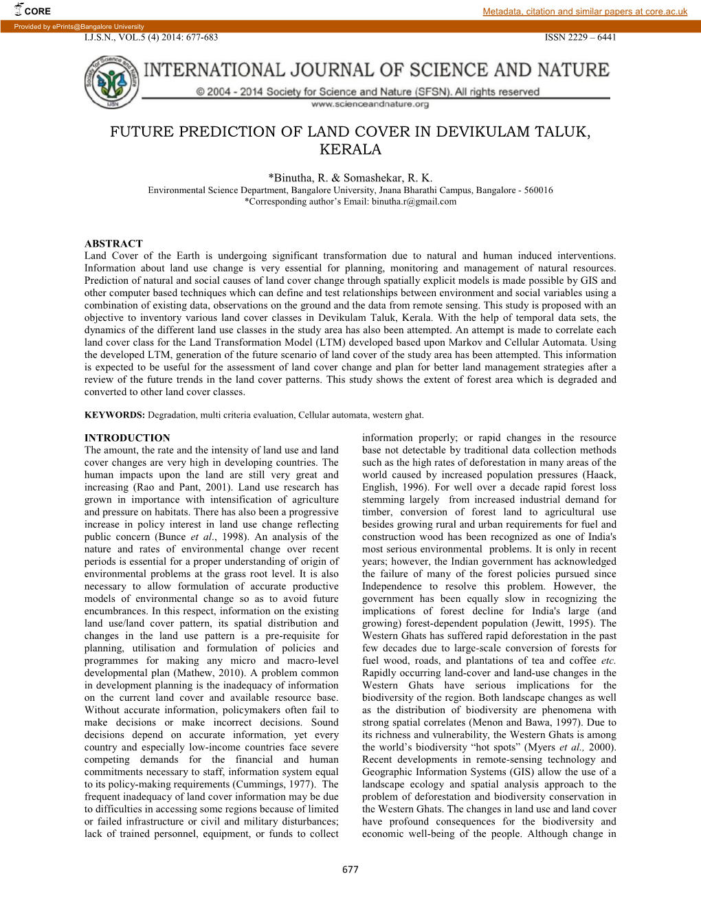 Future Prediction of Land Cover in Devikulam Taluk, Kerala