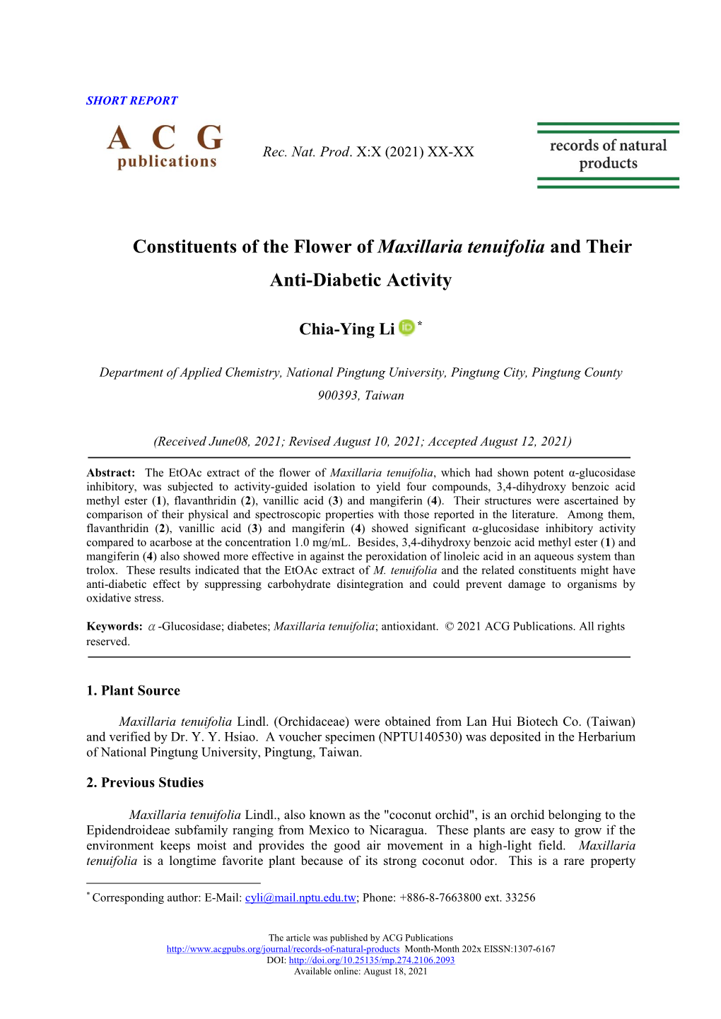 Constituents of the Flower of Maxillaria Tenuifolia and Their Anti-Diabetic Activity