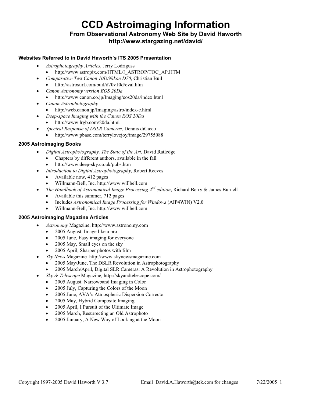 CCD Astroimaging Information from Observational Astronomy Web Site by David Haworth