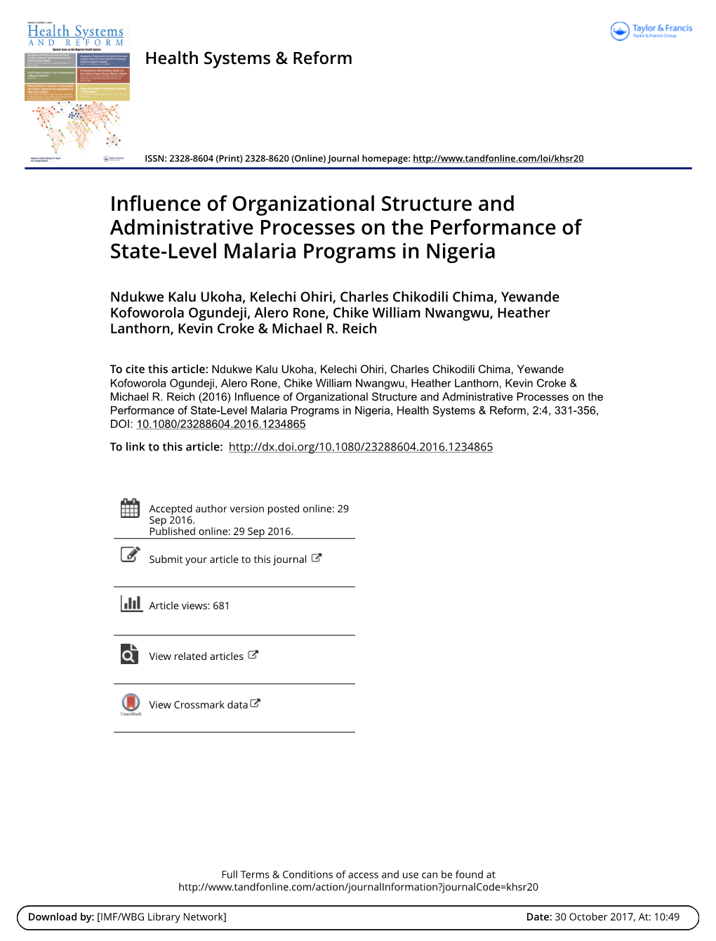 Influence of Organizational Structure and Administrative Processes on the Performance of State-Level Malaria Programs in Nigeria