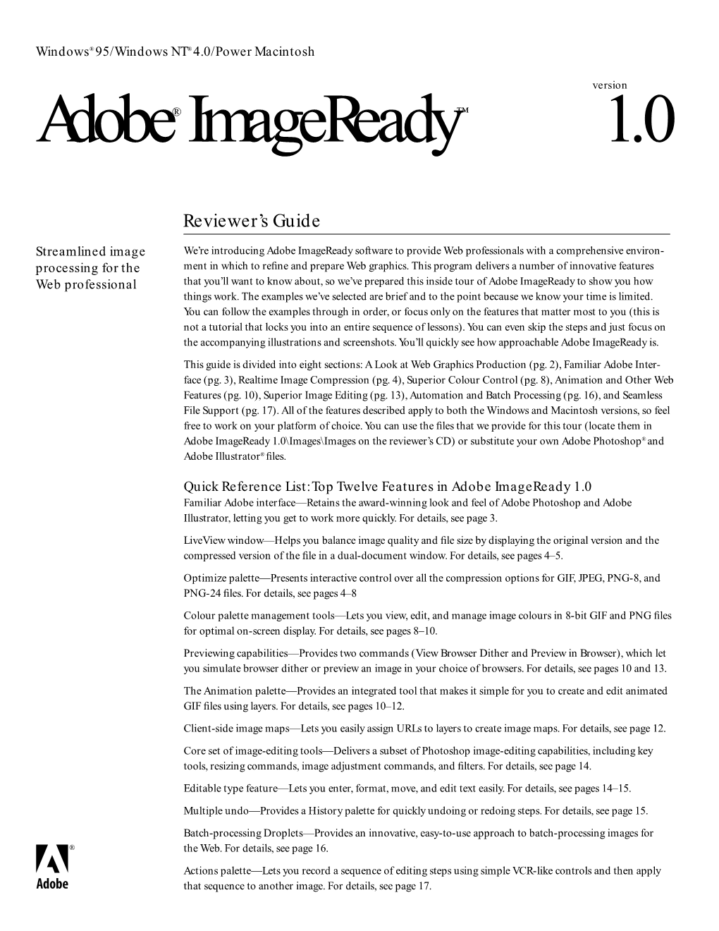 Adobe Imageready 1.0 Reviewer's Guide