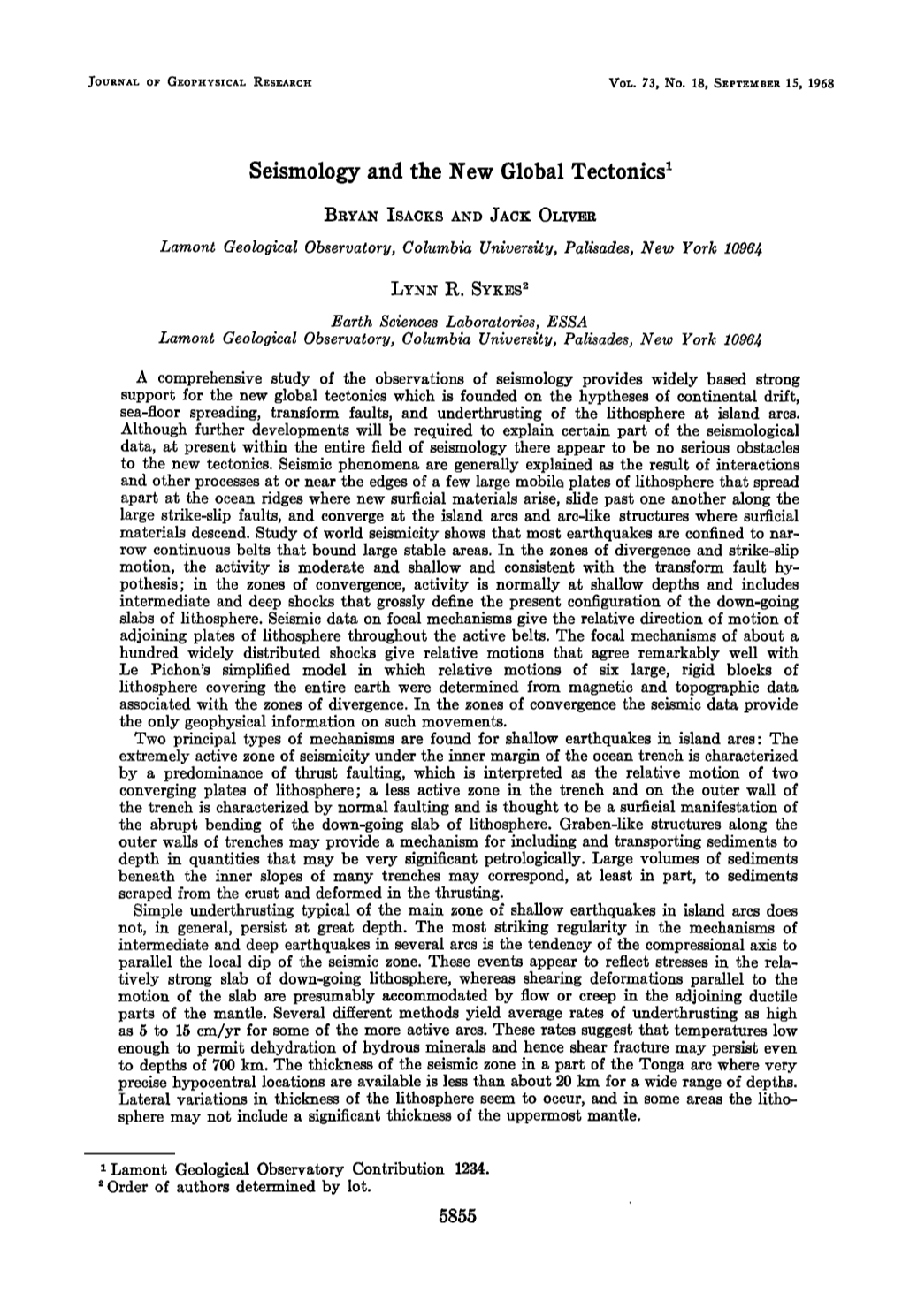 Seismology and the New Global Tectonics