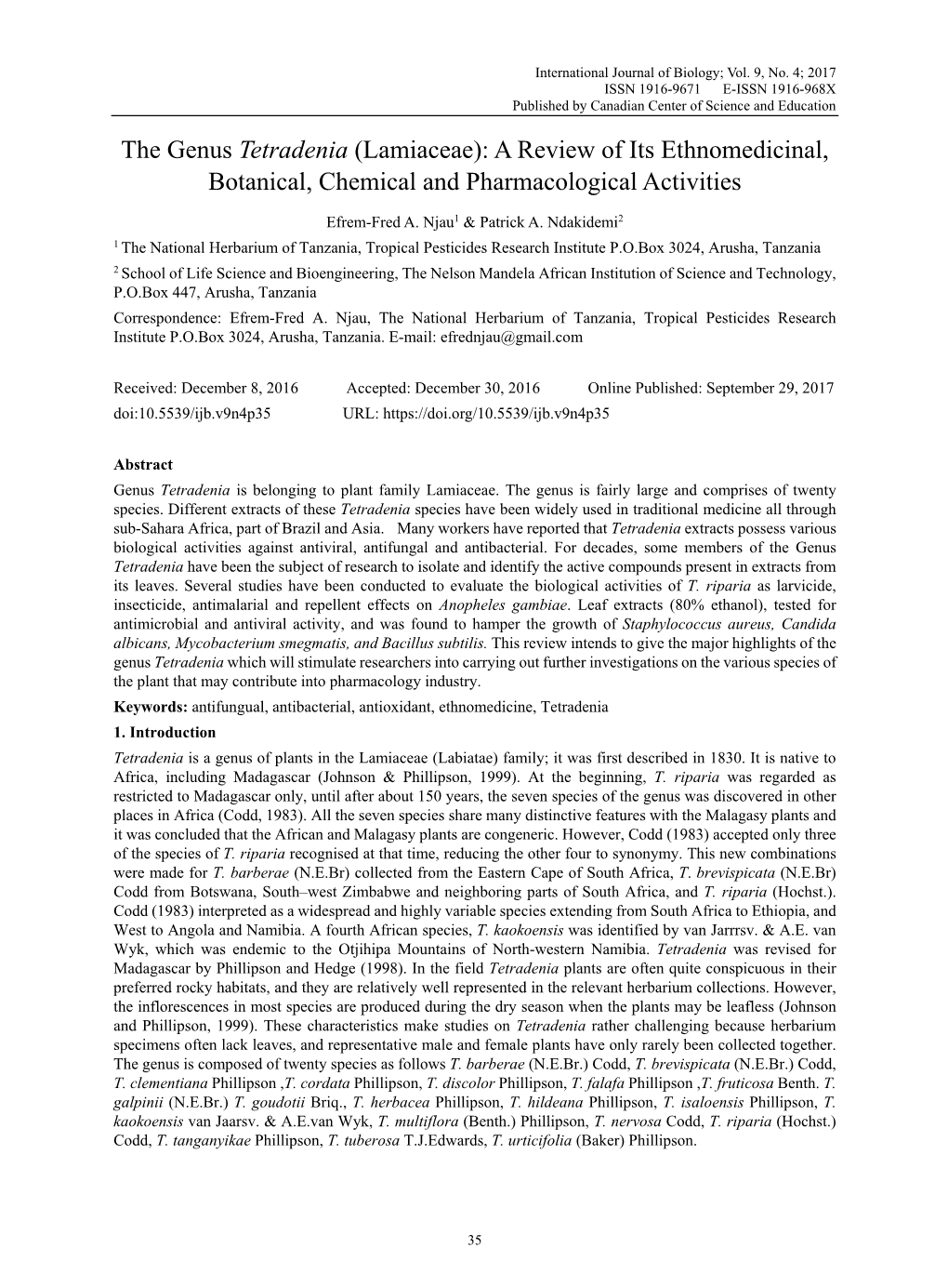 The Genus Tetradenia (Lamiaceae): a Review of Its Ethnomedicinal, Botanical, Chemical and Pharmacological Activities