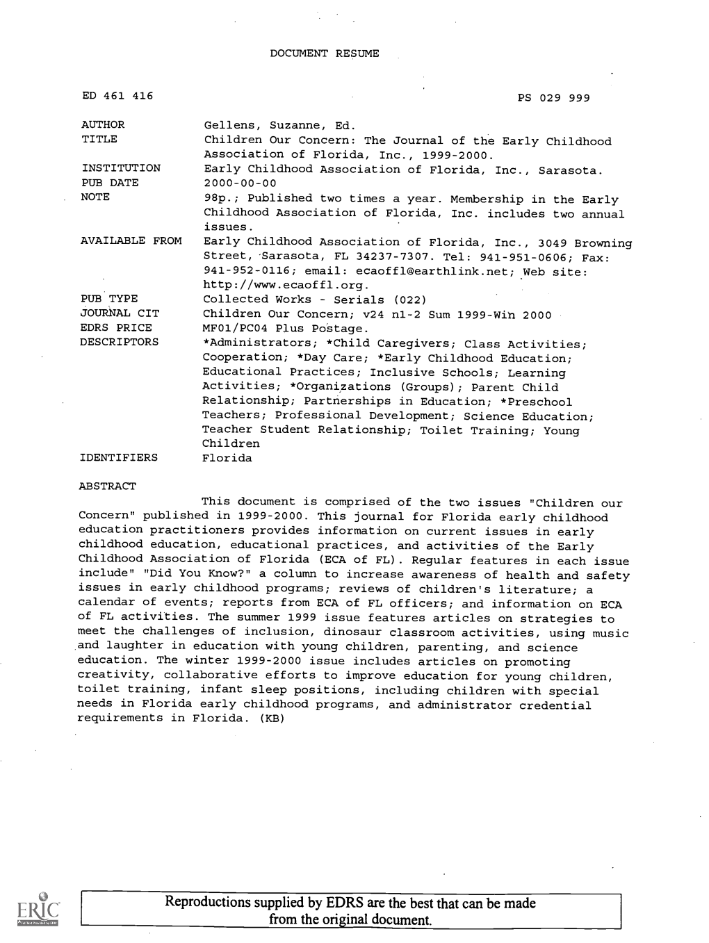 Children Our Concern: the Journal of the Early Childhood Association of Florida, Inc., 1999-2000