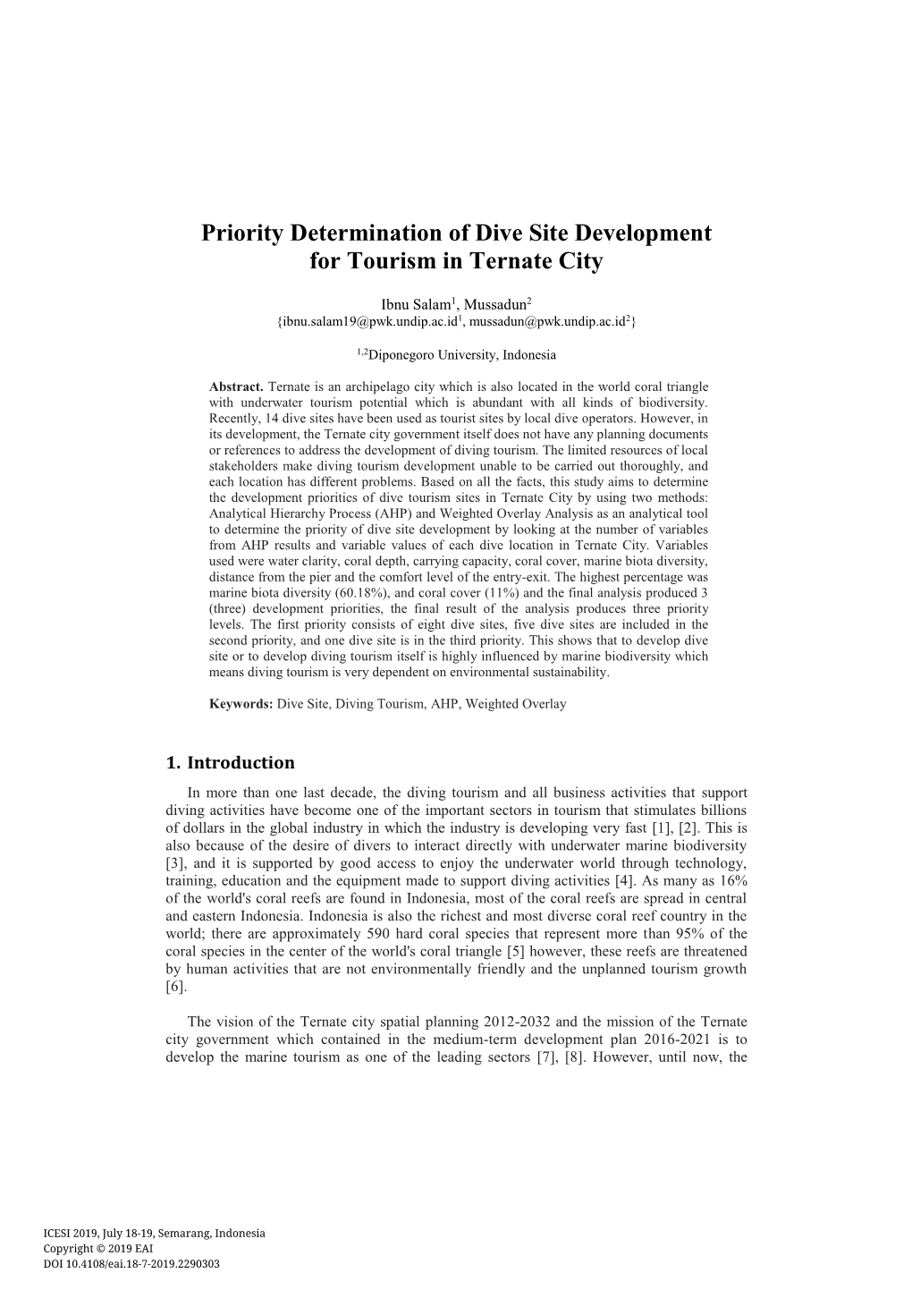 Priority Determination of Dive Site Development for Tourism in Ternate City