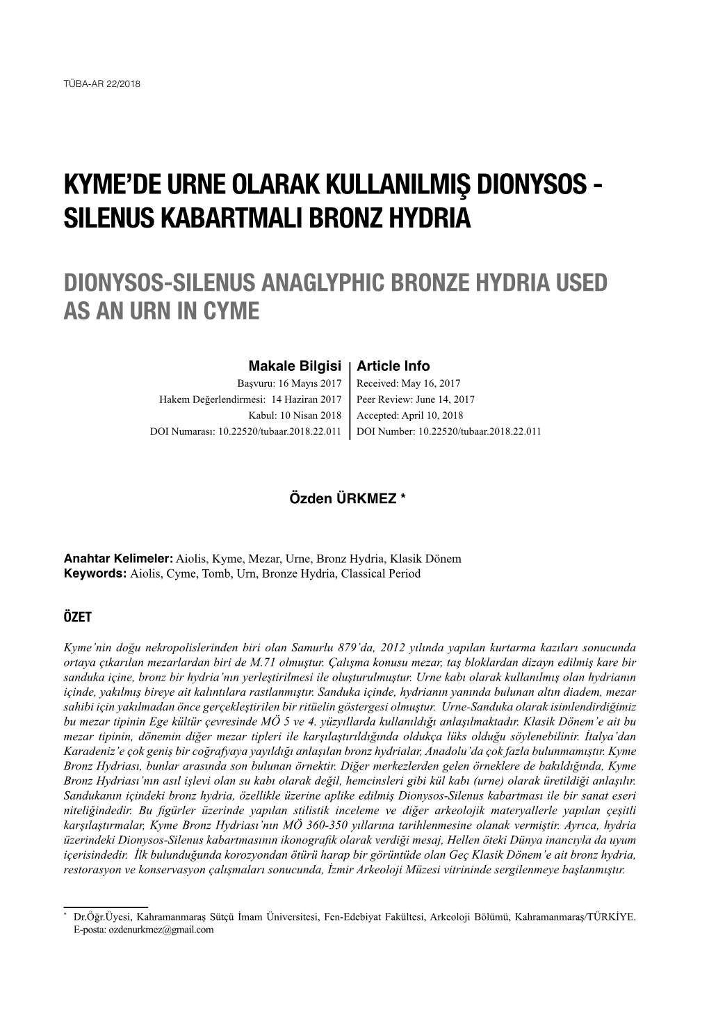 Kyme'de Urne Olarak Kullanilmiş Dionysos