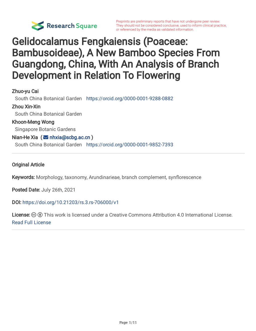 (Poaceae: Bambusoideae), a New Bamboo Species from Guangdong, China, with an Analysis of Branch Development in Relation to Flowering