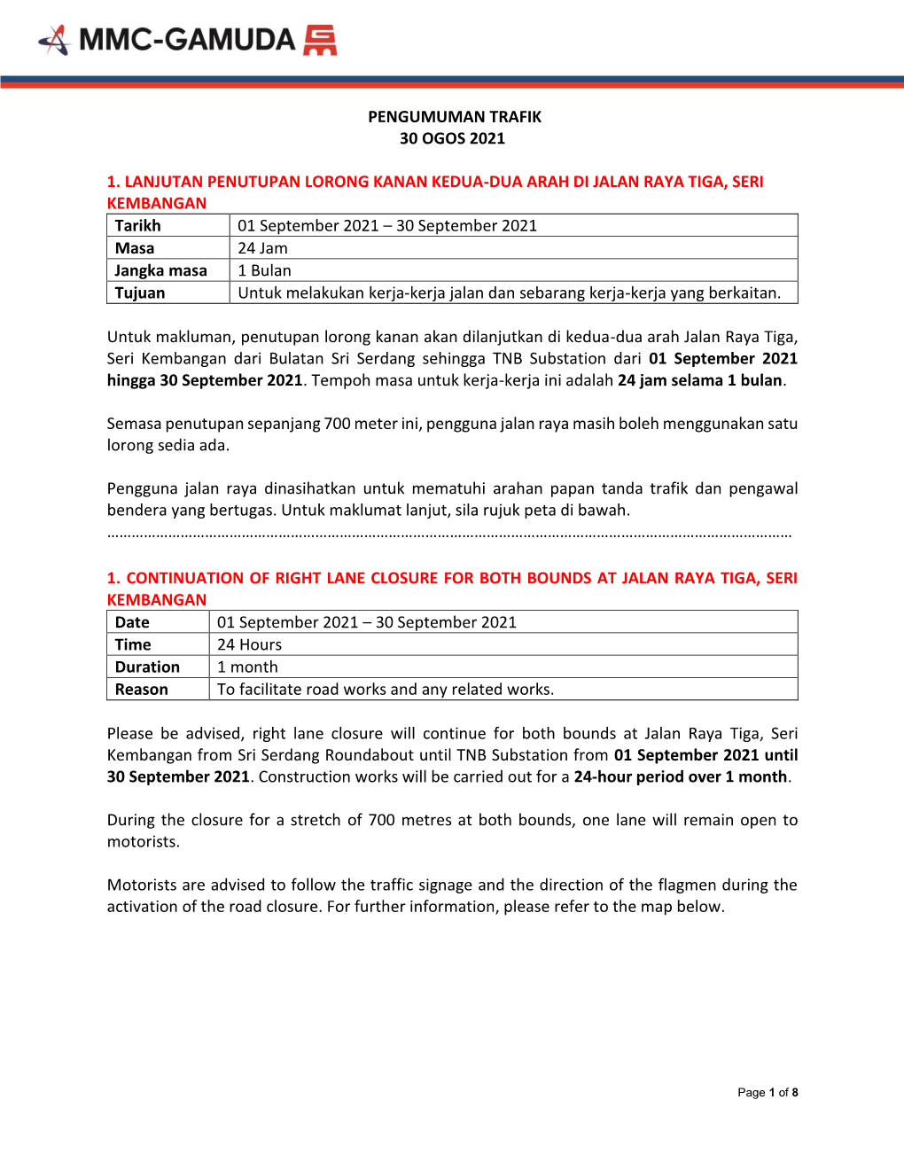 Pengumuman Trafik 30 Ogos 2021 1. Lanjutan Penutupan