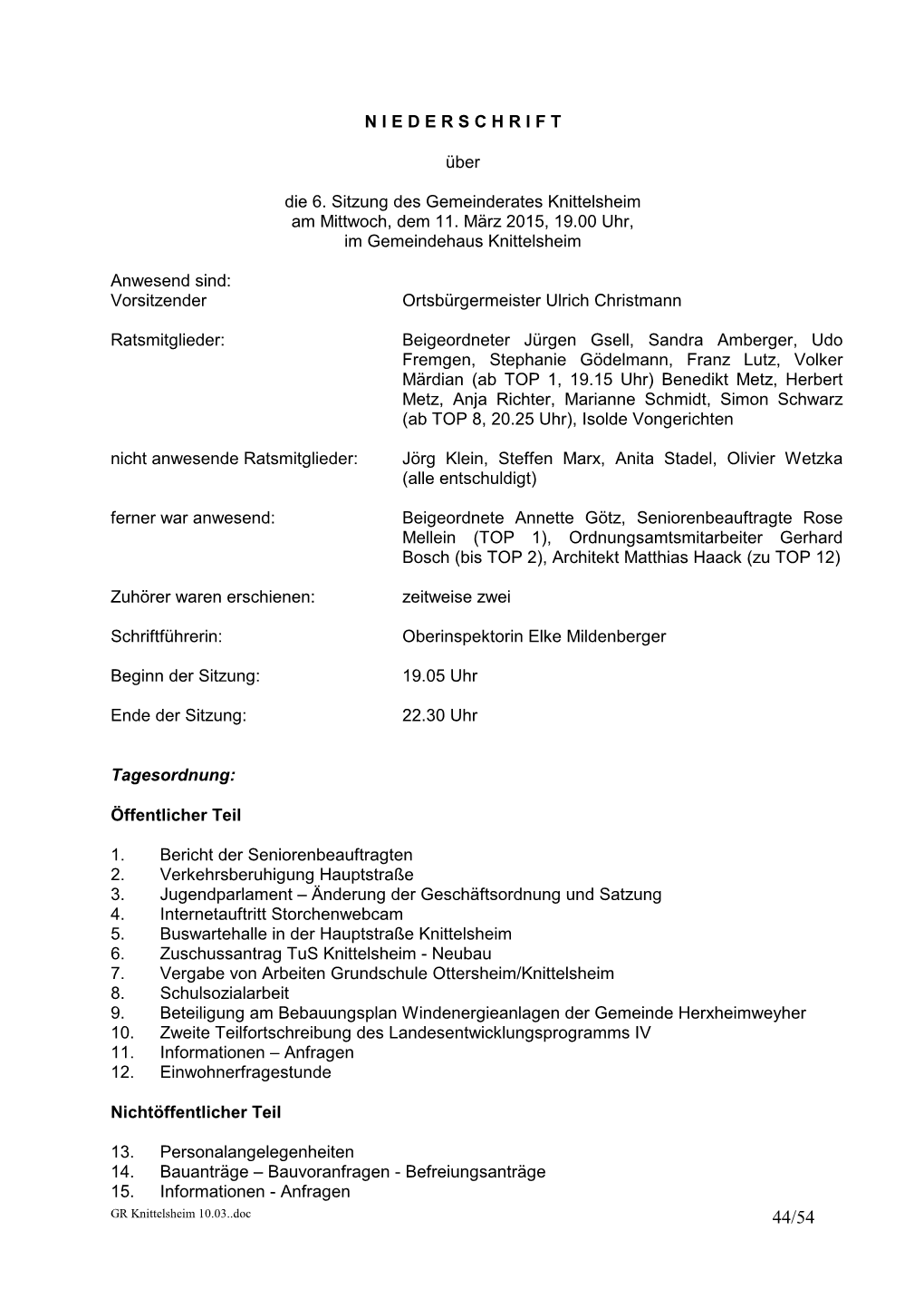 Sitzung Des Gemeinderates Knittelsheim Vom 11.03.2015