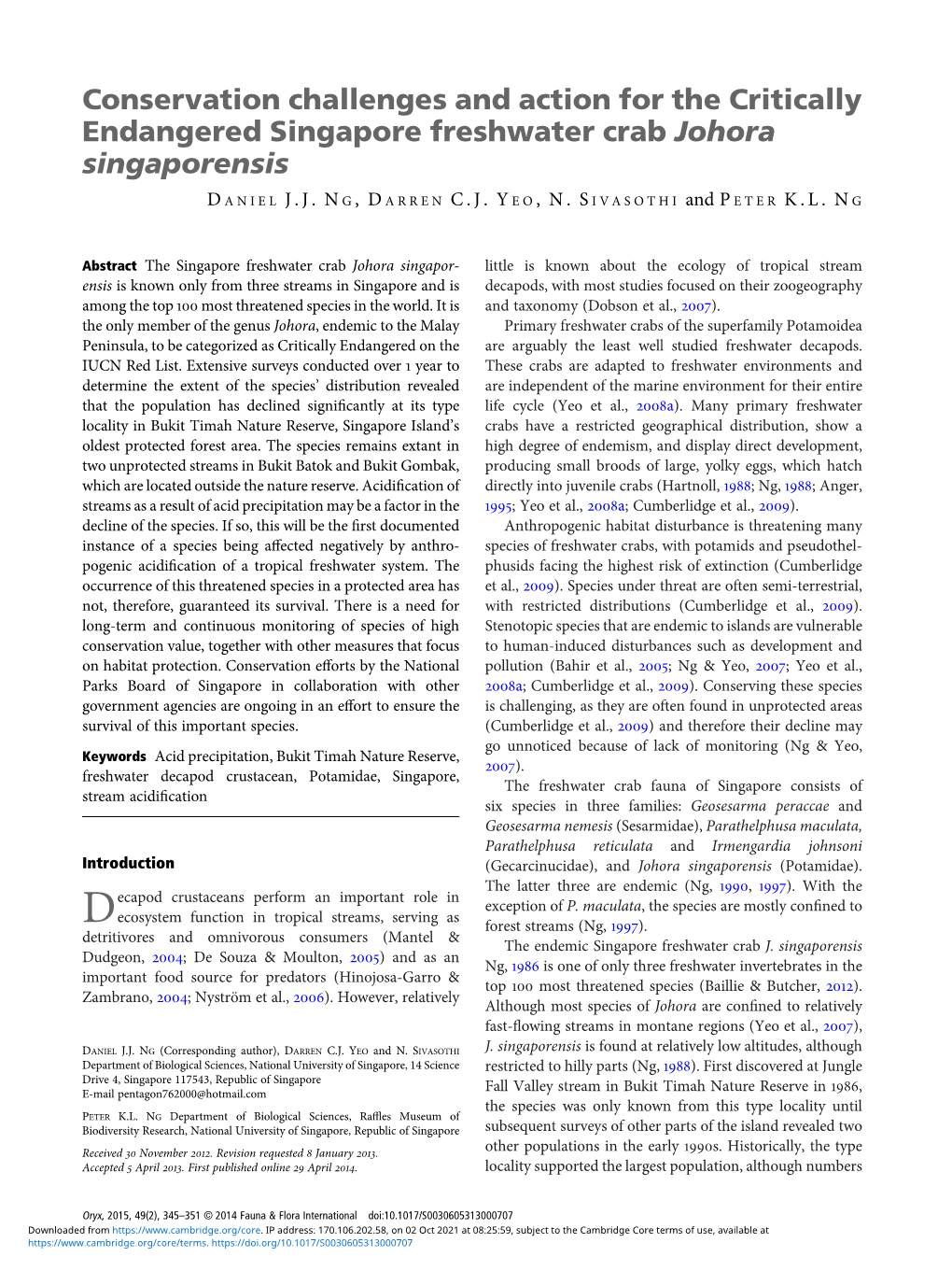 Conservation Challenges and Action for the Critically Endangered Singapore Freshwater Crab Johora Singaporensis