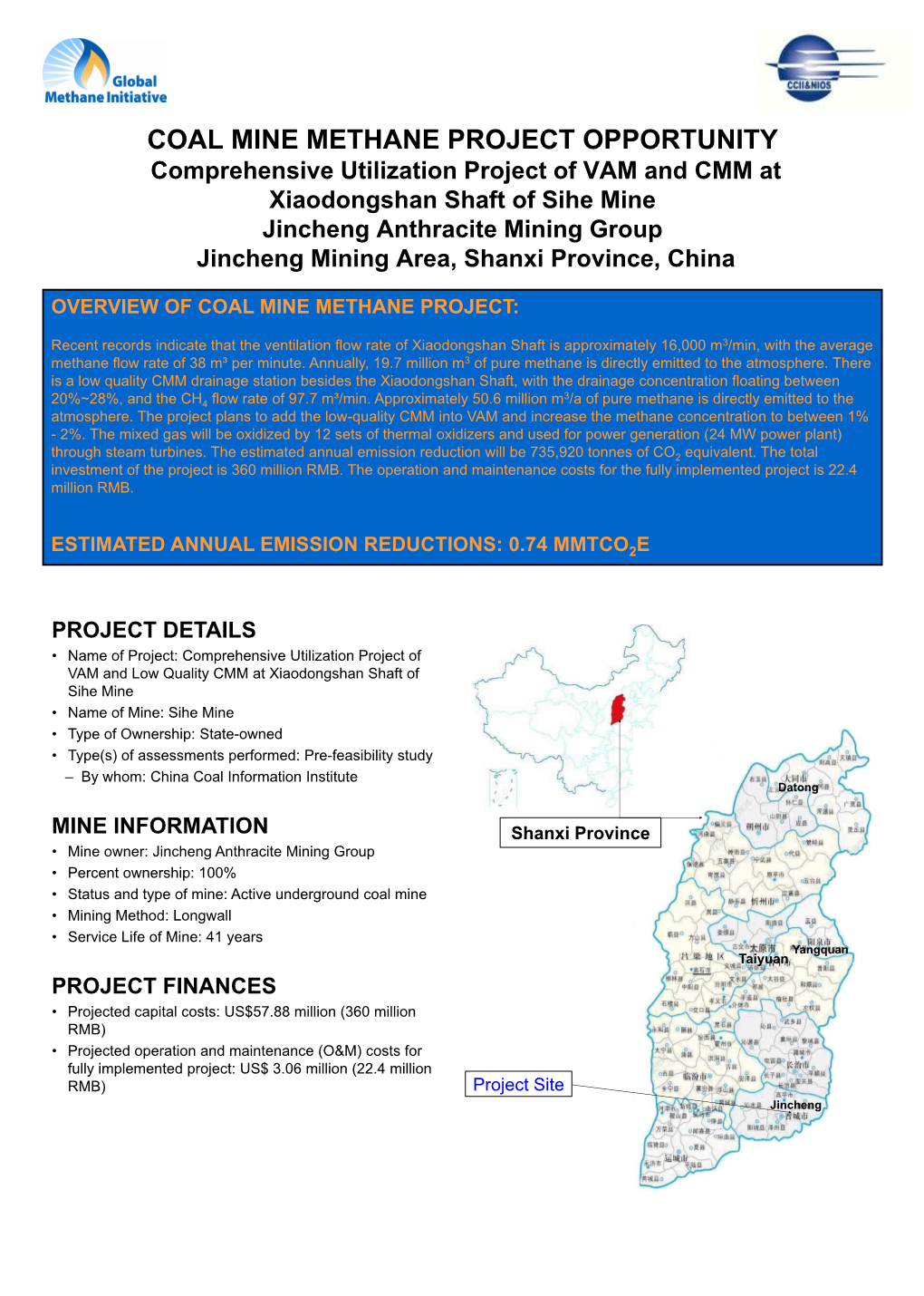 Comprehensive Utilization Project of VAM and CMM at Xiaodongshan Shaft of Sihe Mine Jincheng Anthracite Mining Group Jincheng Mining Area, Shanxi Province, China