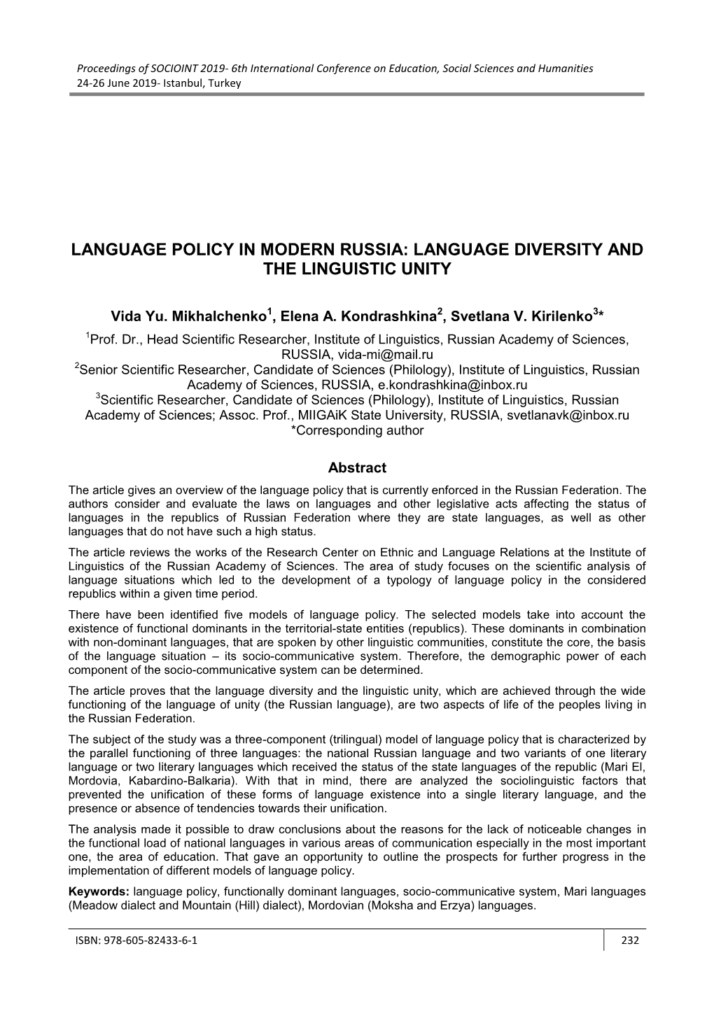 Language Policy in Modern Russia: Language Diversity and the Linguistic Unity