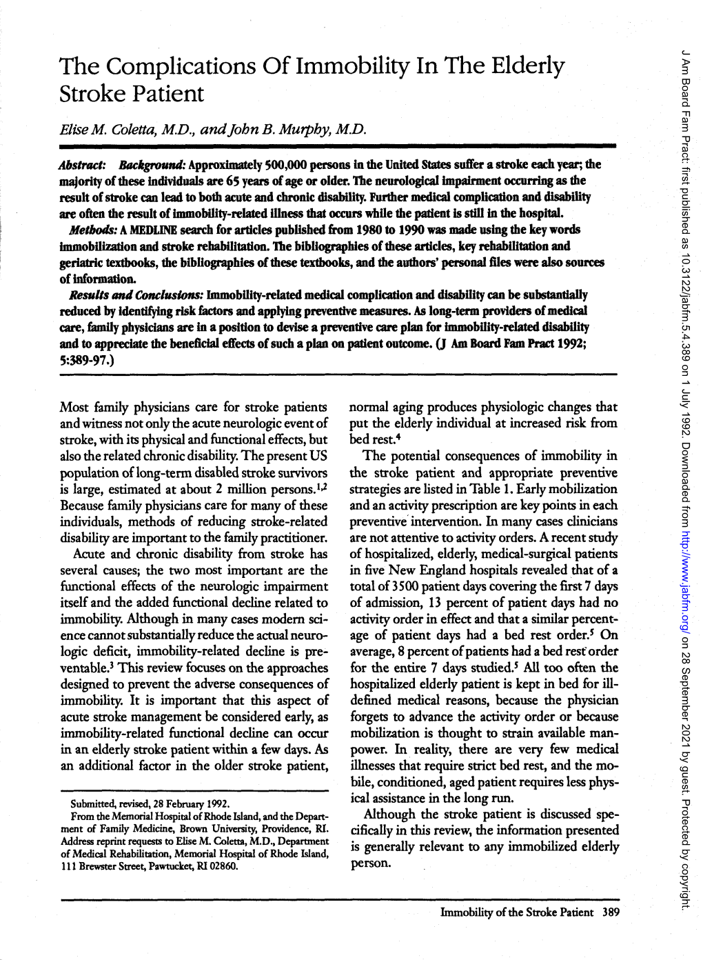 The Complications of Immobility in the Elderly Stroke Patient