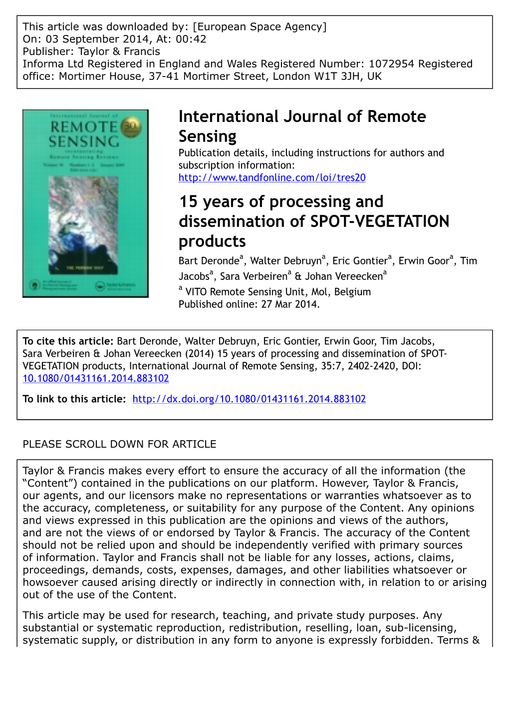 15 Years of Processing and Dissemination of SPOT-VEGETATION Products