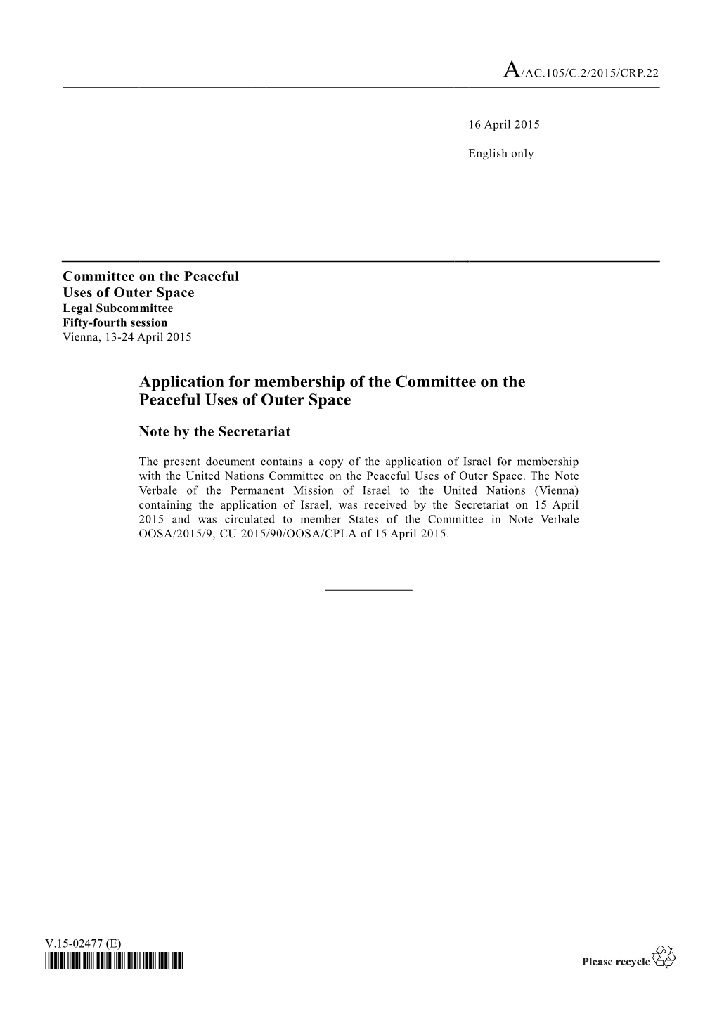 Application for Membership of the Committee on the Peaceful Uses of Outer Space