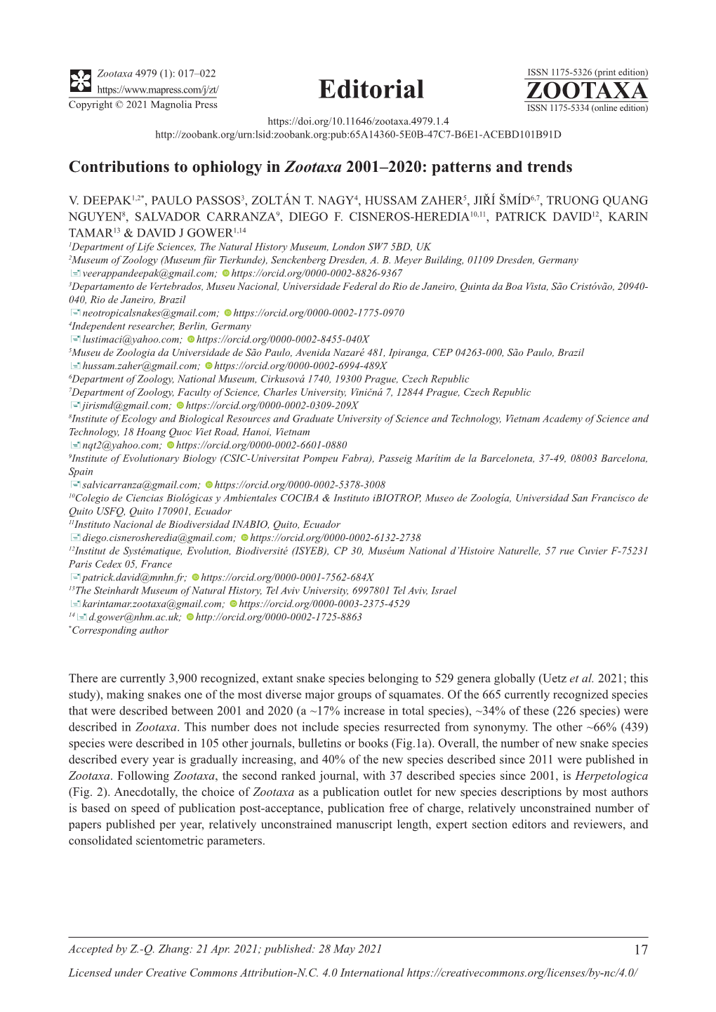 Contributions to Ophiology in Zootaxa 2001–2020: Patterns and Trends