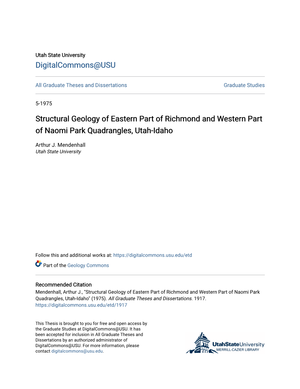 Structural Geology of Eastern Part of Richmond and Western Part of Naomi Park Quadrangles, Utah-Idaho