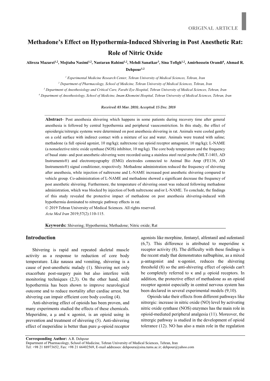 Methadone's Effect on Hypothermia-Induced Shivering In